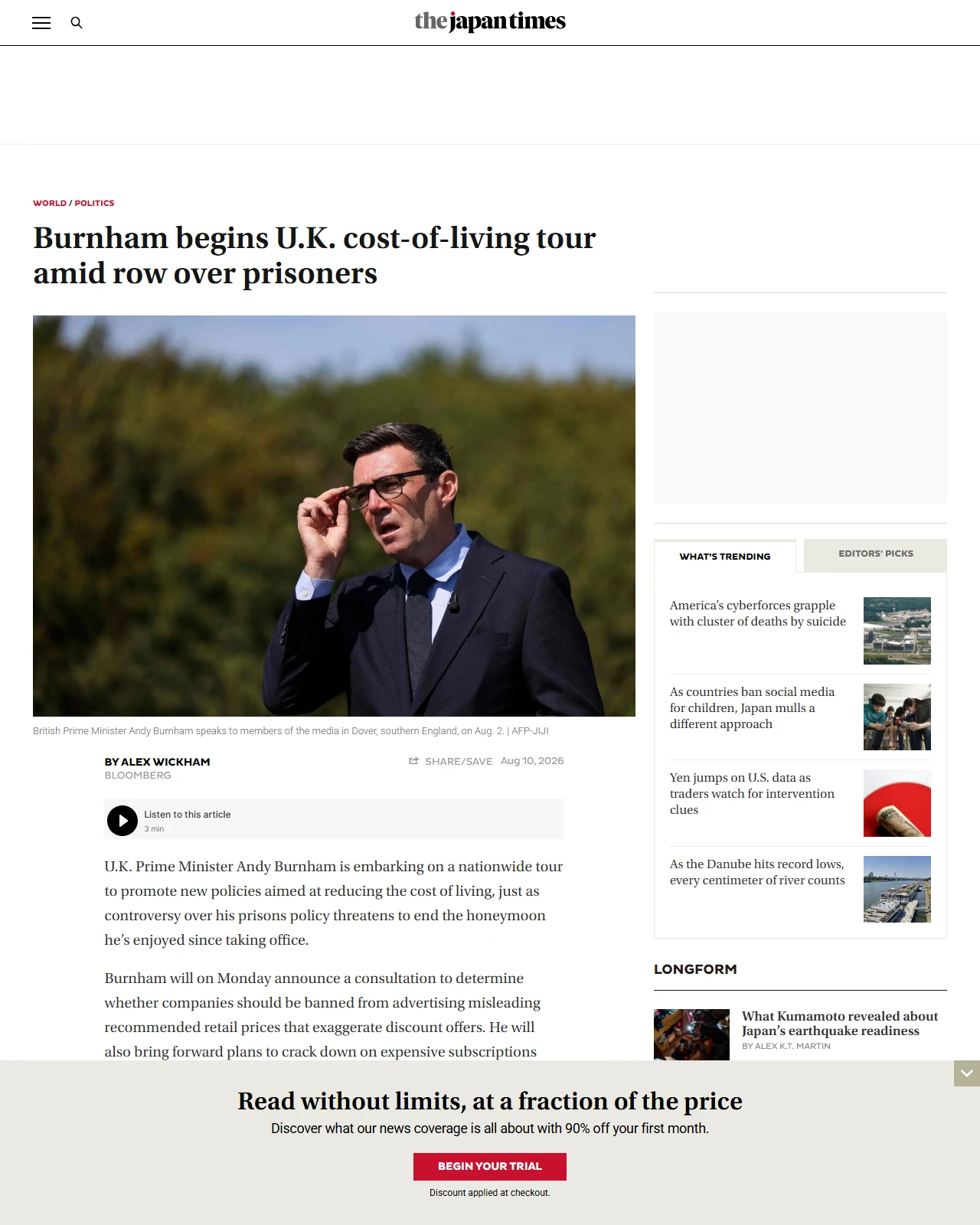 japantimes.co.jp as published: Burnham begins U.K. cost-of-living tour amid row over prisoners