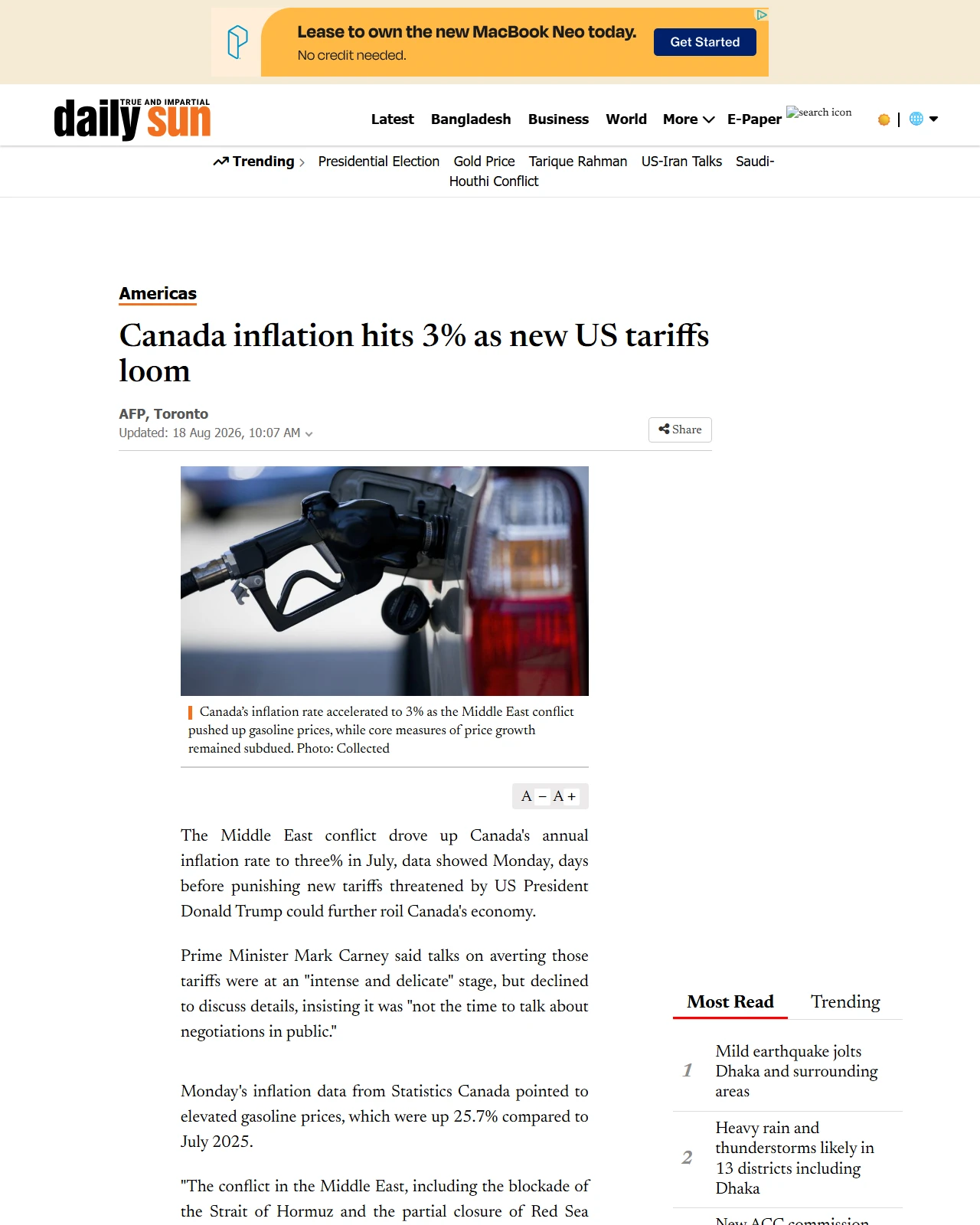 daily-sun.com as published: Canada inflation hits 3% as new US tariffs loom - daily-sun.com