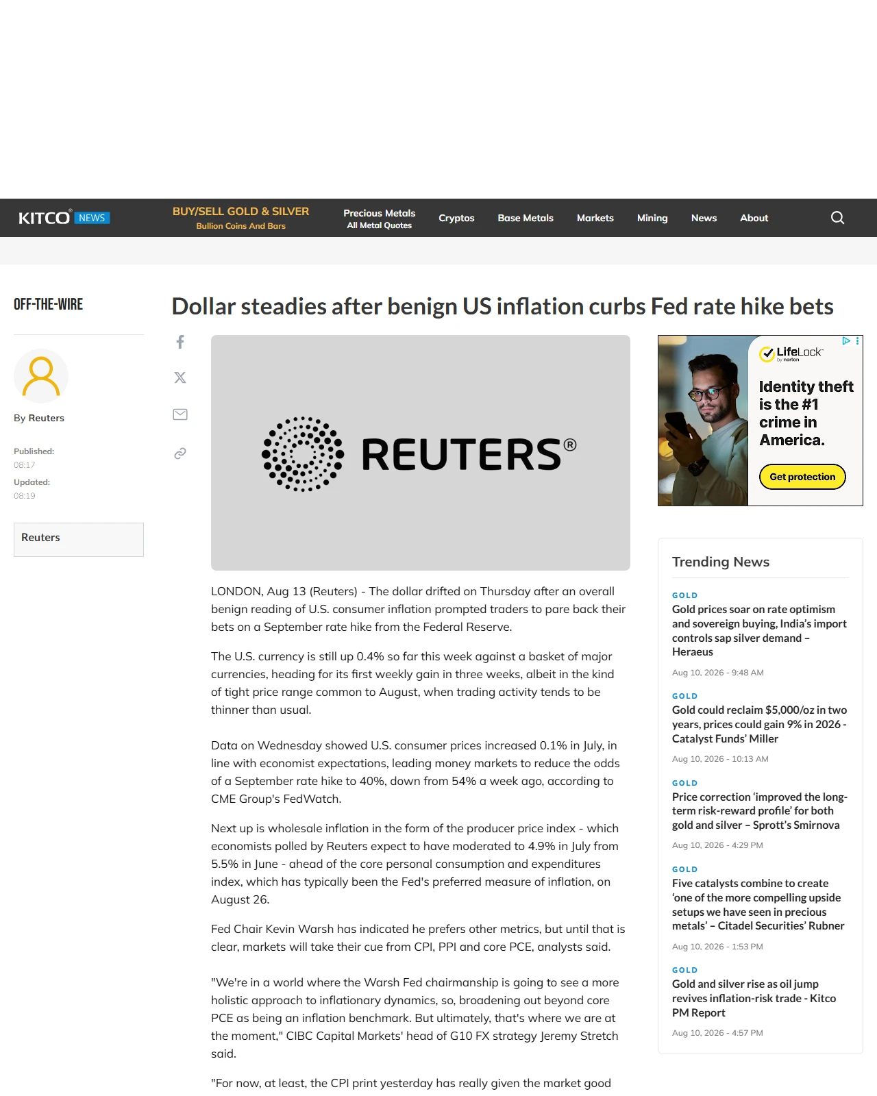 kitco.com as published: Dollar steadies after benign US inflation curbs Fed rate hike bets