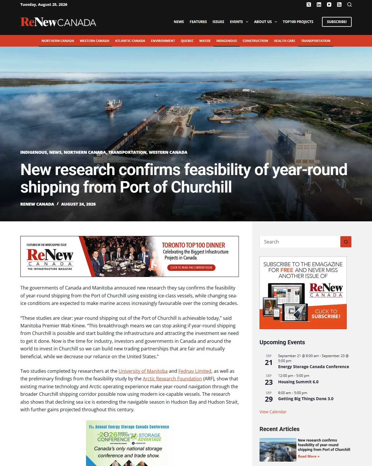 renewcanada.net as published: New research confirms feasibility of year-round shipping from Port of Churchill