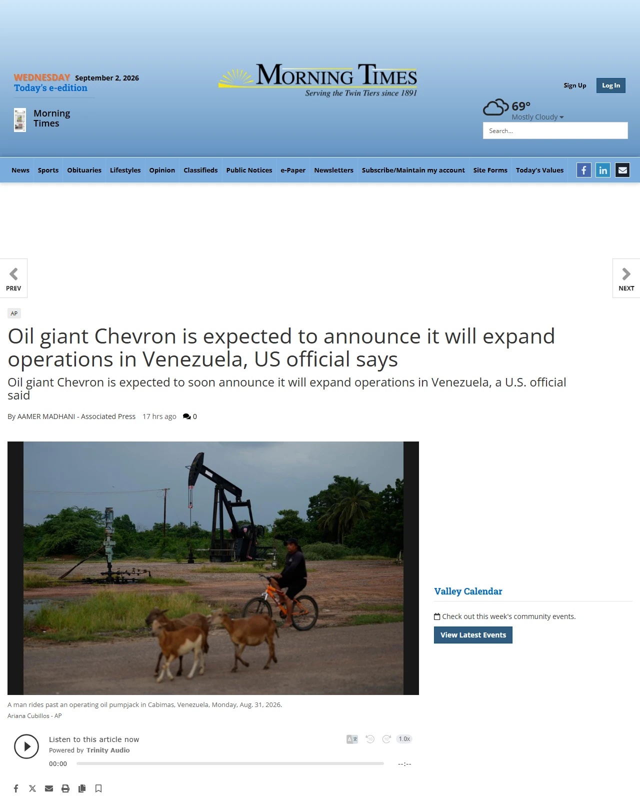 morning-times.com as published: Oil giant Chevron is expected to announce it will expand operations in Venezuela, US official says - morning-times.com