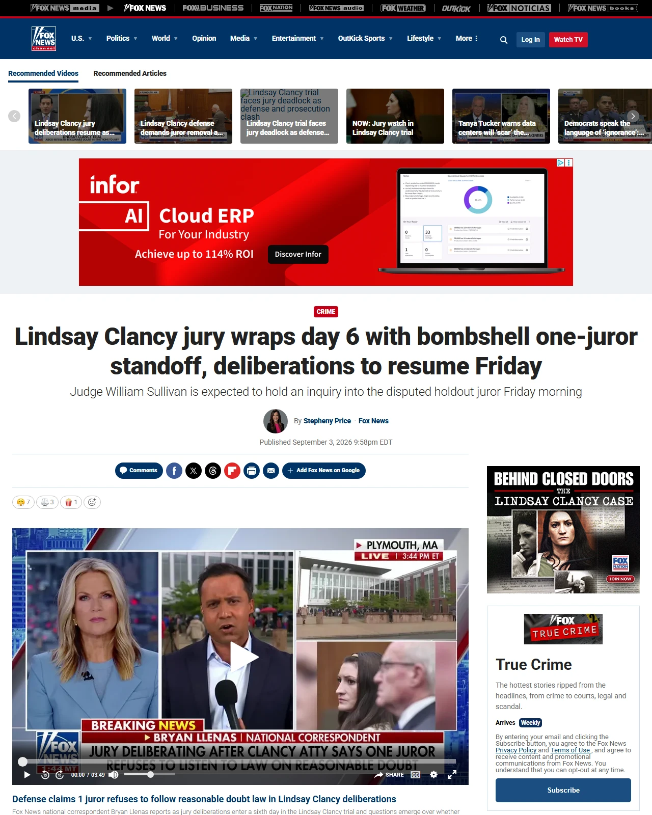foxnews.com as published: Lindsay Clancy jury wraps day 6 with bombshell one-juror standoff, deliberations to resume Friday