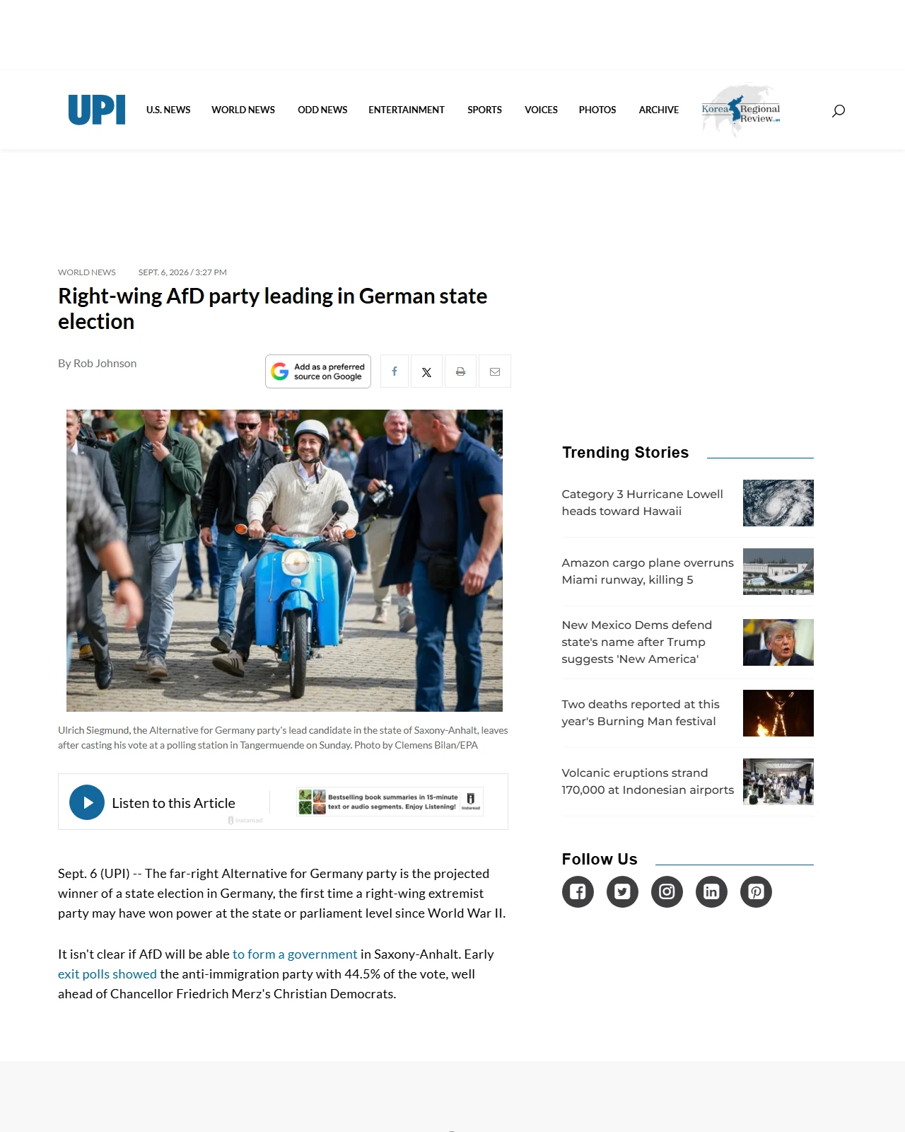 upi.com as published: Right-wing AfD party leading in German state election
