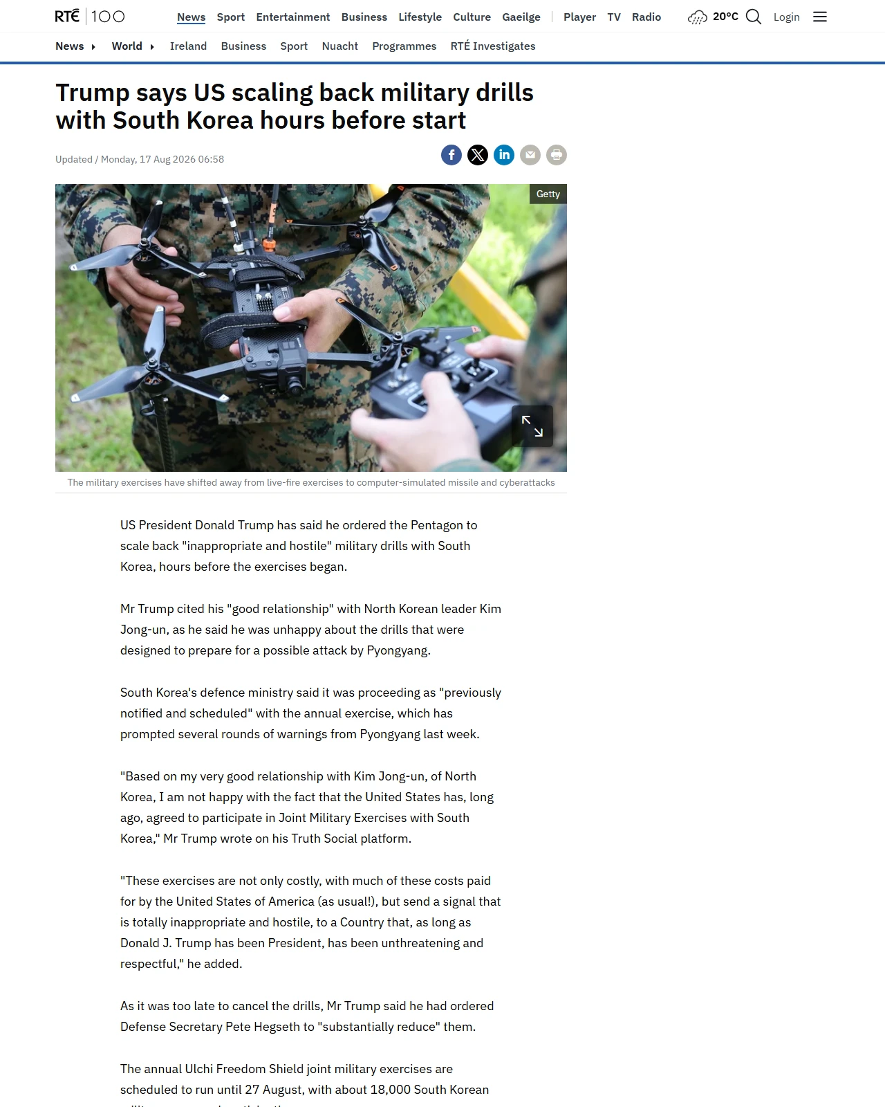 rte.ie as published: Trump says US scaling back military drills with S Korea