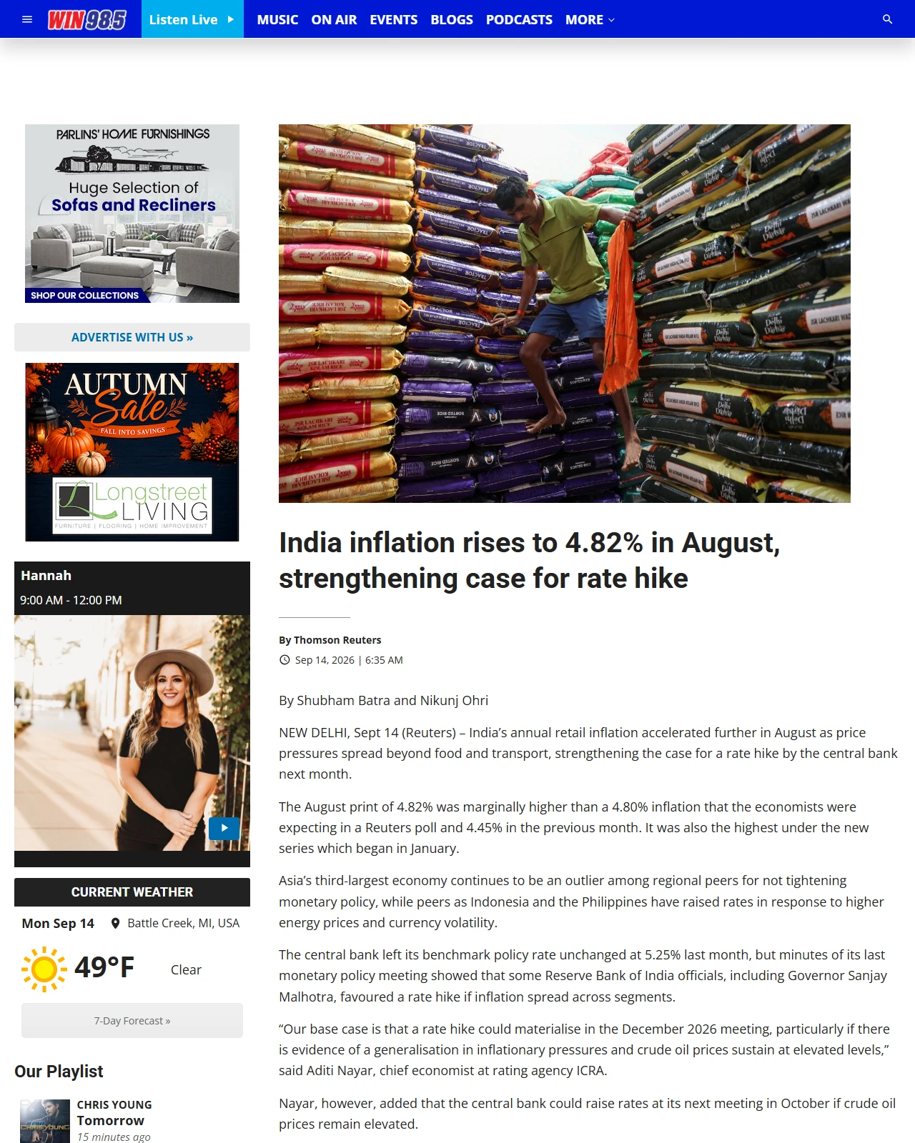 wincountry.com as published: India’s August retail inflation at 4.82% on-year - WNWN-FM