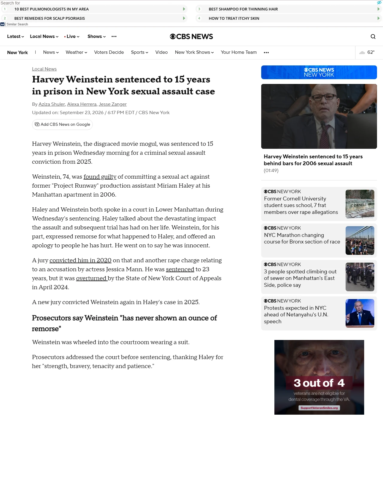 cbsnews.com as published: Harvey Weinstein sentenced to 15 years in prison in New York sexual assault case