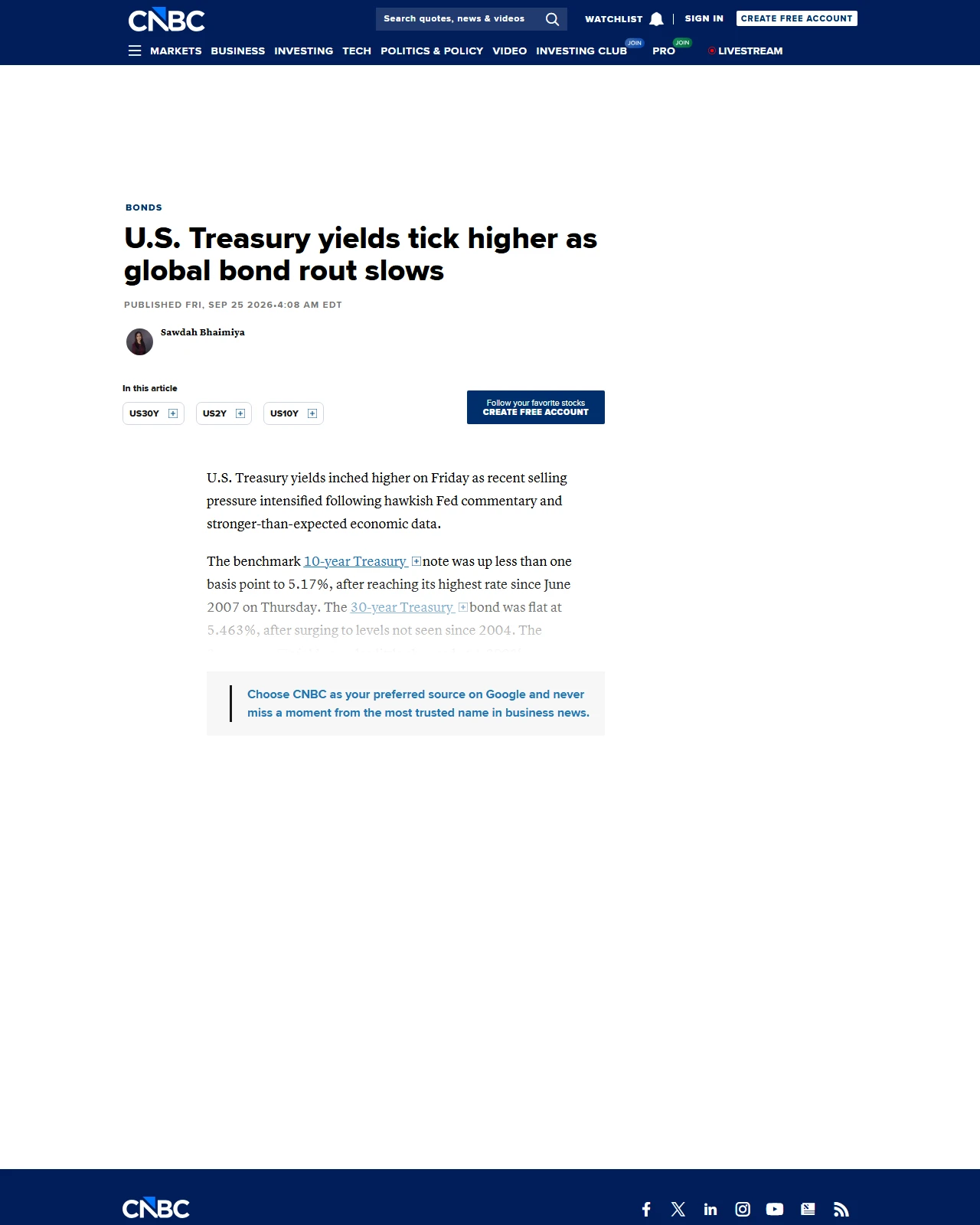 cnbc.com as published: U.S. Treasury yields tick higher as global bond rout slows