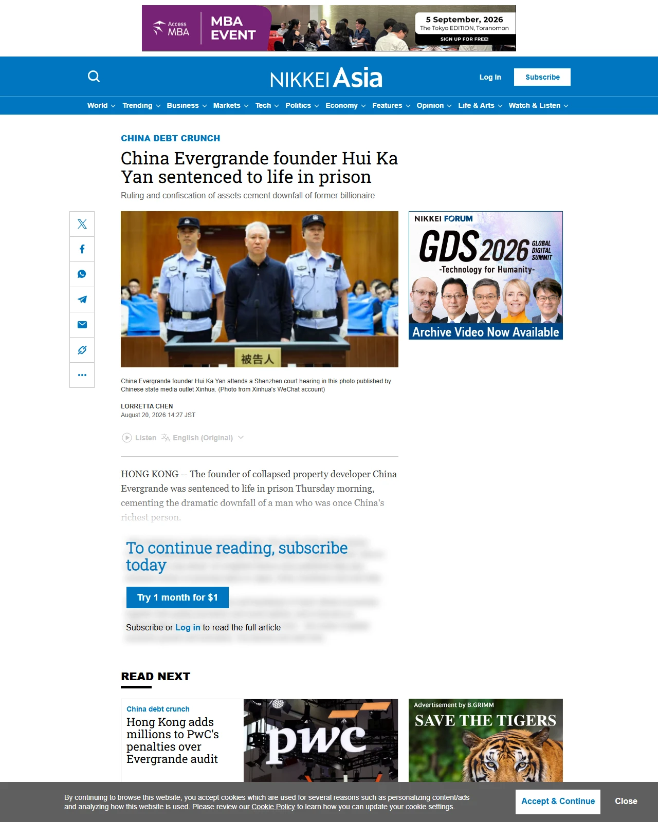 asia.nikkei.com as published: China Evergrande founder Hui Ka Yan sentenced to life in prison
