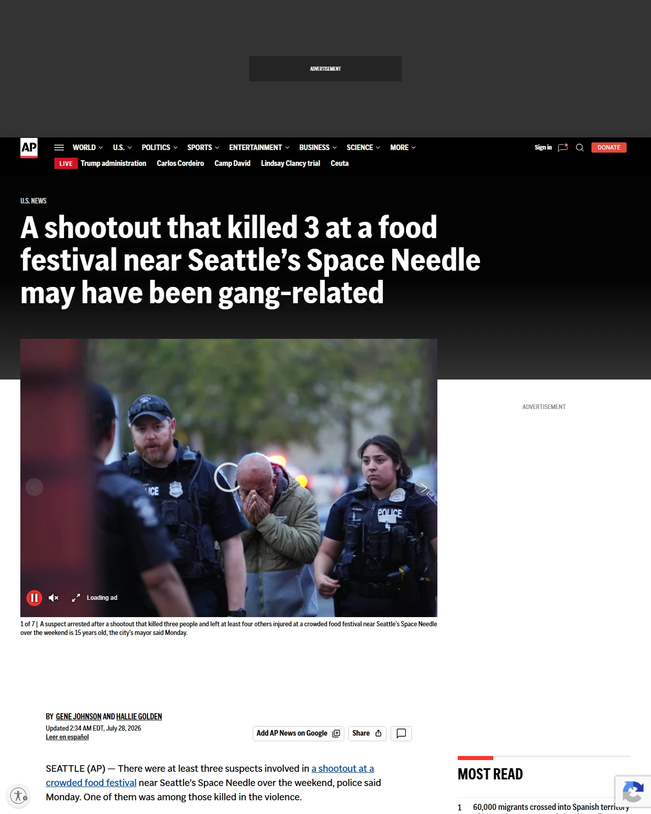apnews.com as published: A shootout that killed 3 at a food festival near Seattle's Space Needle may have been gang-related