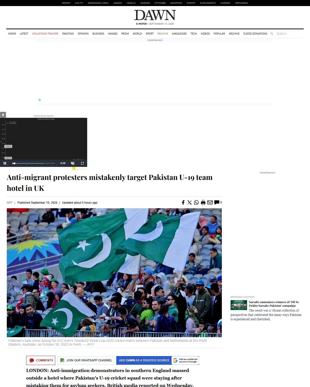 dawn.com as published: Anti-migrant protesters mistakenly target Pakistan U-19 team hotel in UK