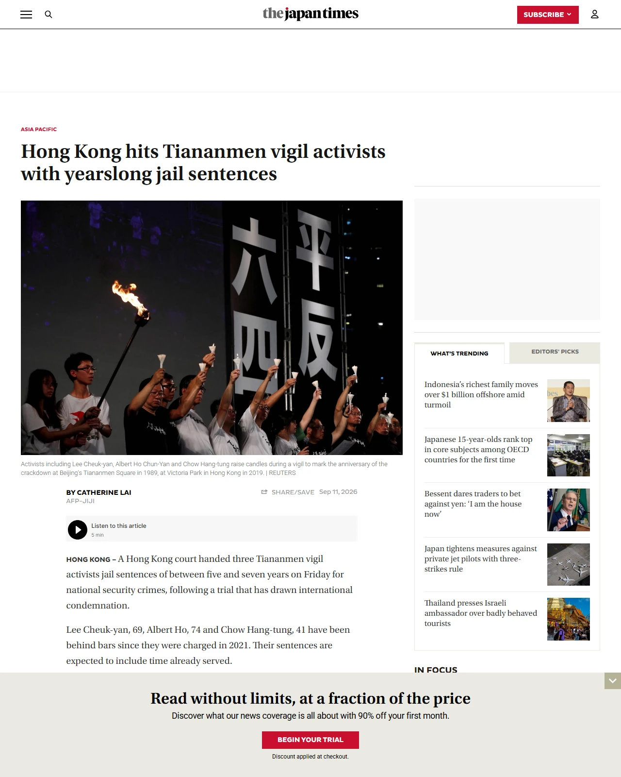 japantimes.co.jp as published: Hong Kong hits Tiananmen vigil activists with yearslong jail sentences