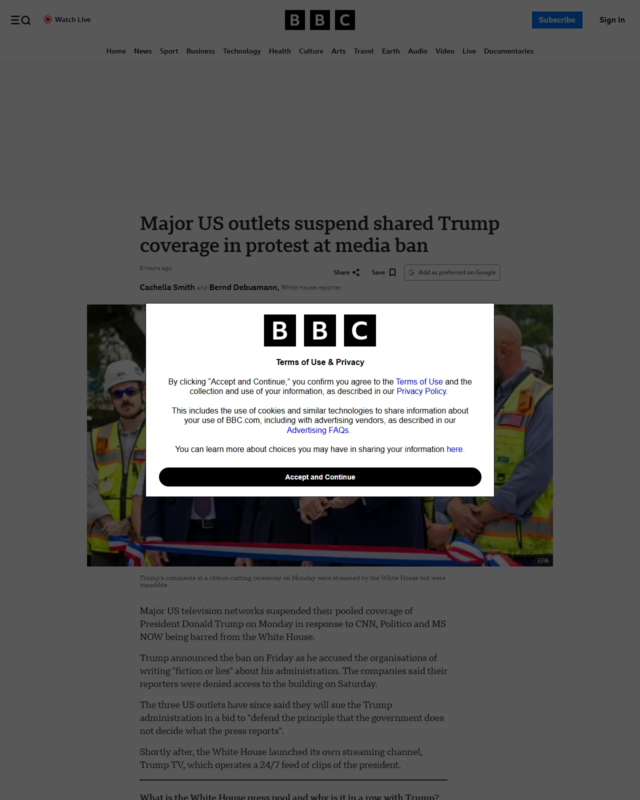 bbc.co.uk as published: Major US outlets suspend shared Trump coverage in protest at media ban