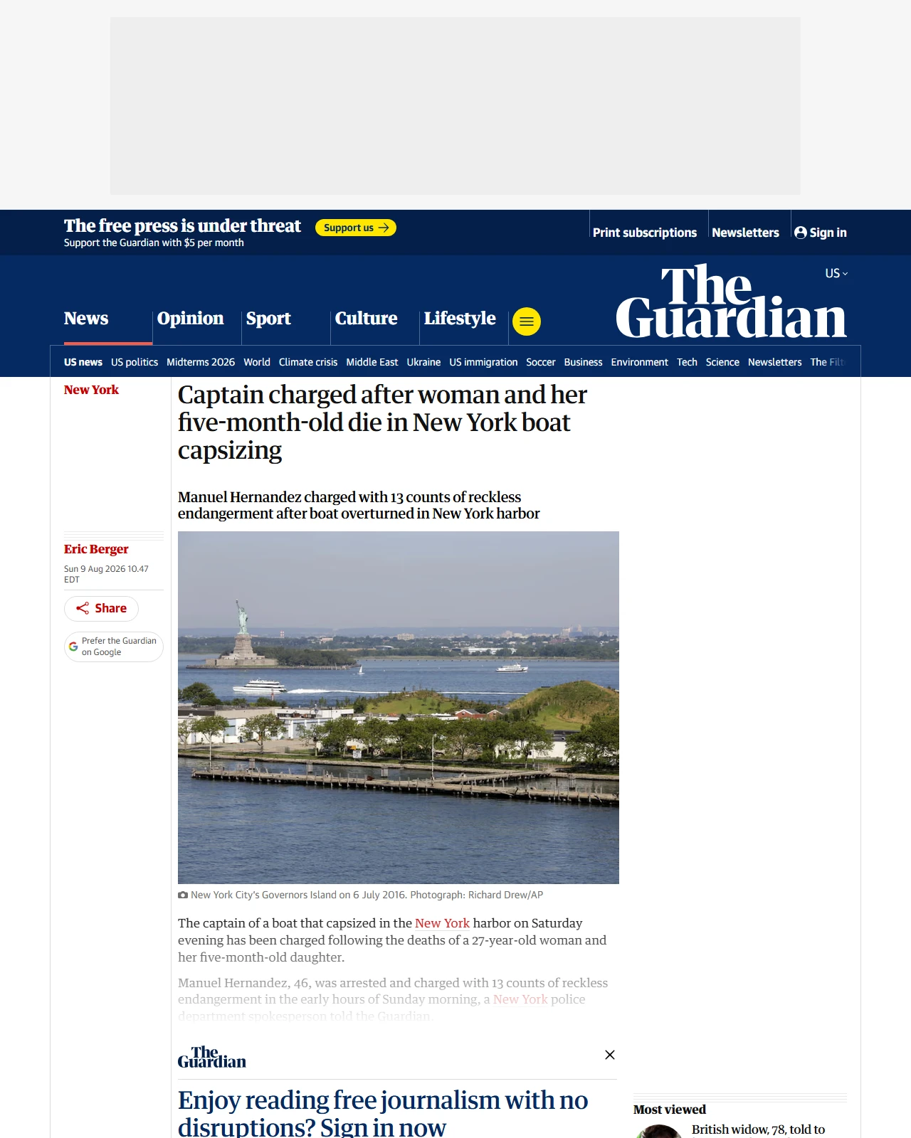 theguardian.com as published: Captain charged after woman and her five-month-old die in New York boat capsizing
