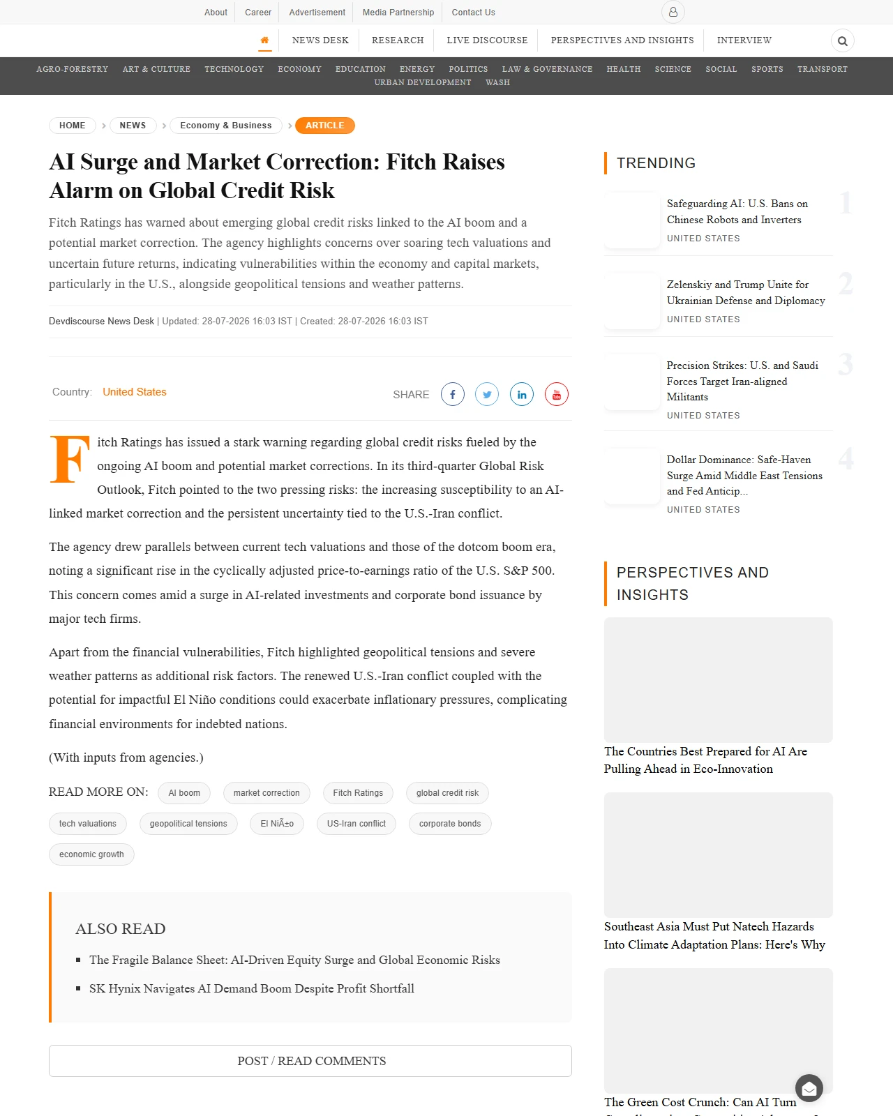devdiscourse.com as published: AI Surge and Market Correction: Fitch Raises Alarm on Global Credit Risk
