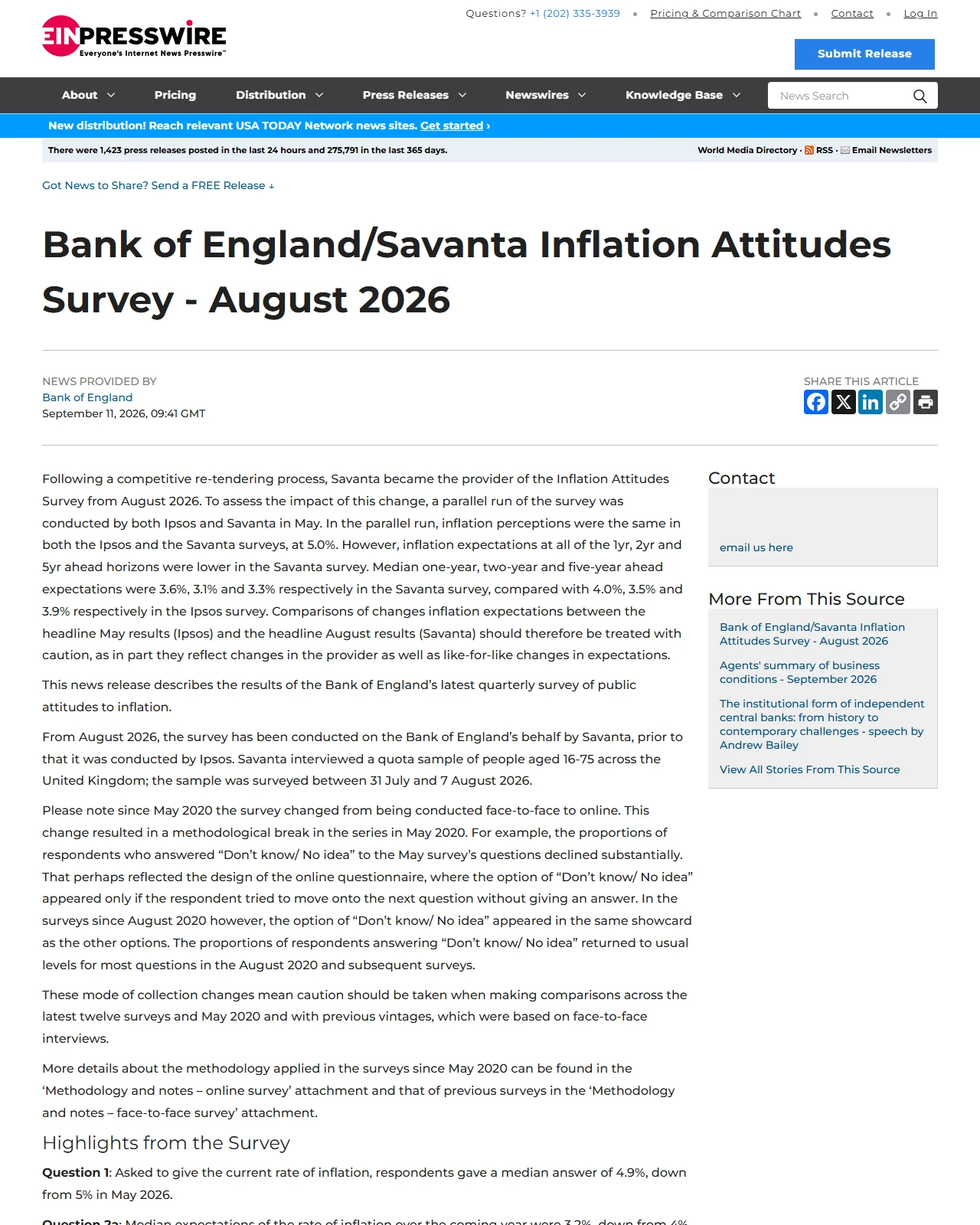 einnews.com as published: Bank of England/Savanta Inflation Attitudes Survey - August 2026