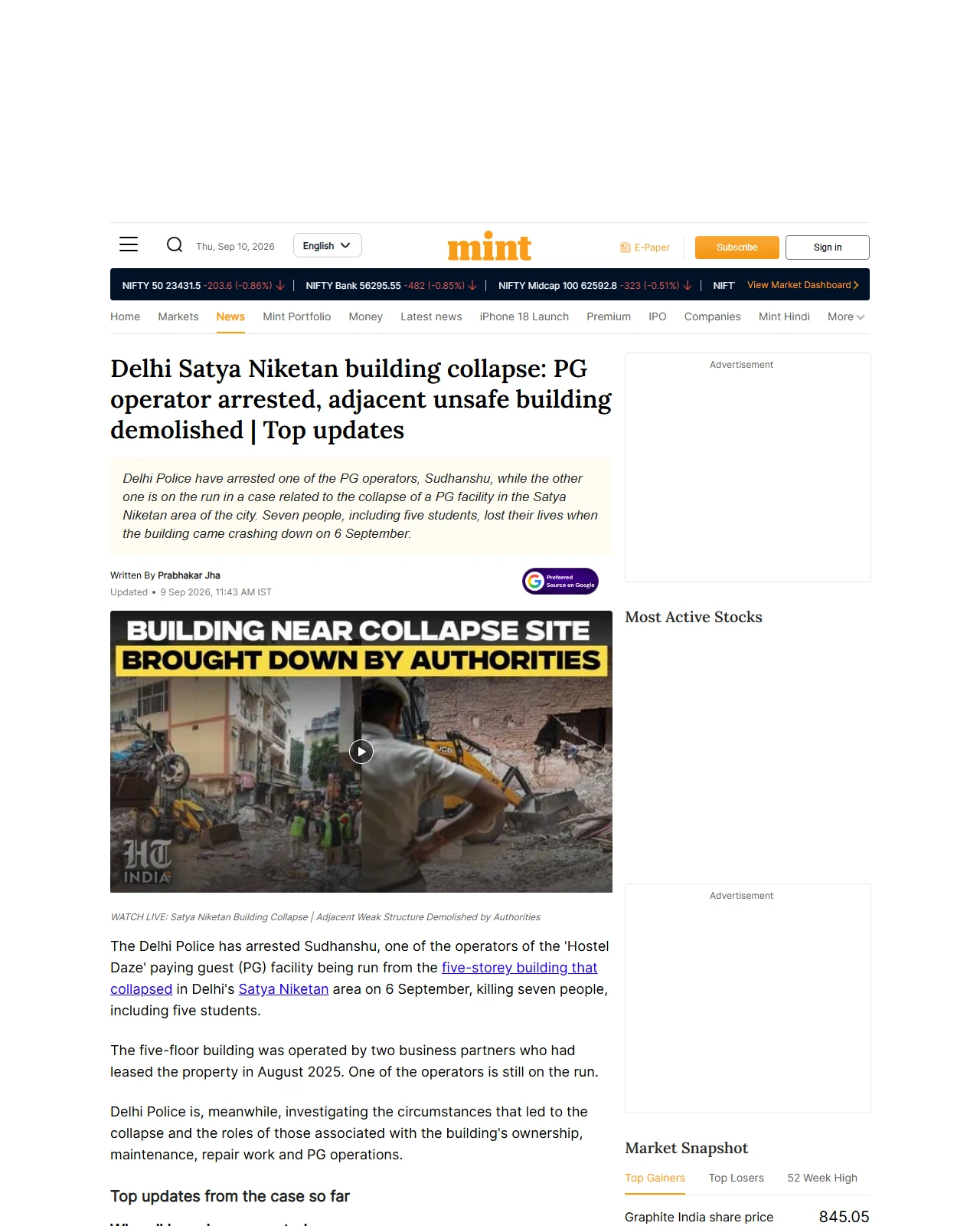 livemint.com as published: Delhi Satya Niketan building collapse: PG operator arrested, adjacent unsafe building demolished | Top updates