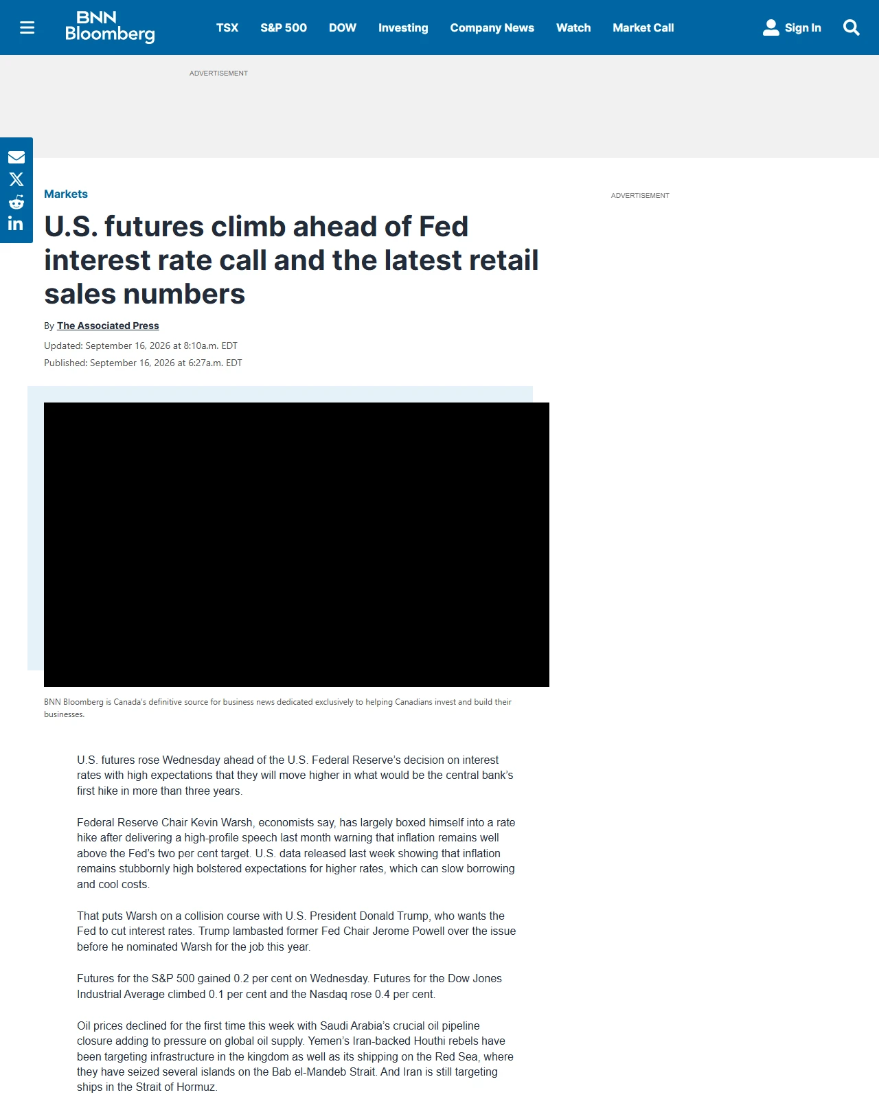 bnnbloomberg.ca as published: U.S. futures climb ahead of Fed interest rate call and the latest retail sales numbers