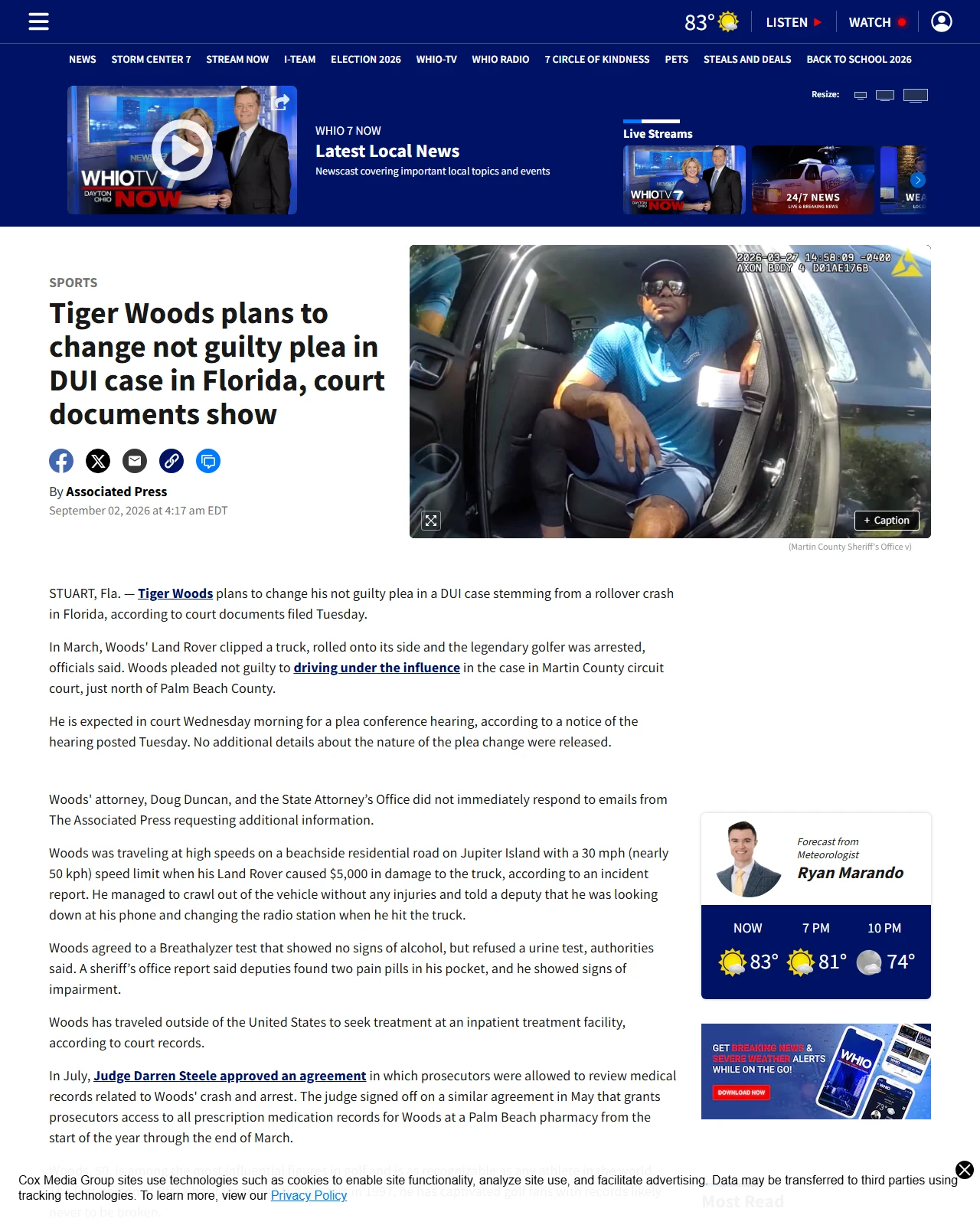 whio.com as published: Tiger Woods plans to change not guilty plea in DUI case in Florida, court documents show