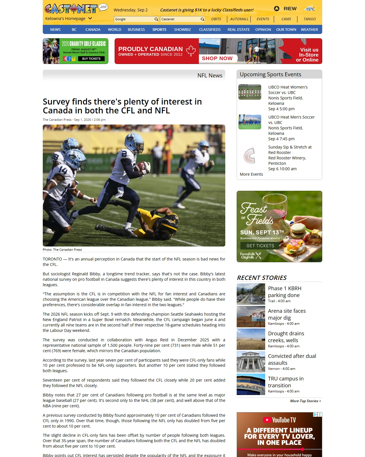 castanet.net as published: Survey finds there's plenty of interest in Canada in both the CFL and NFL