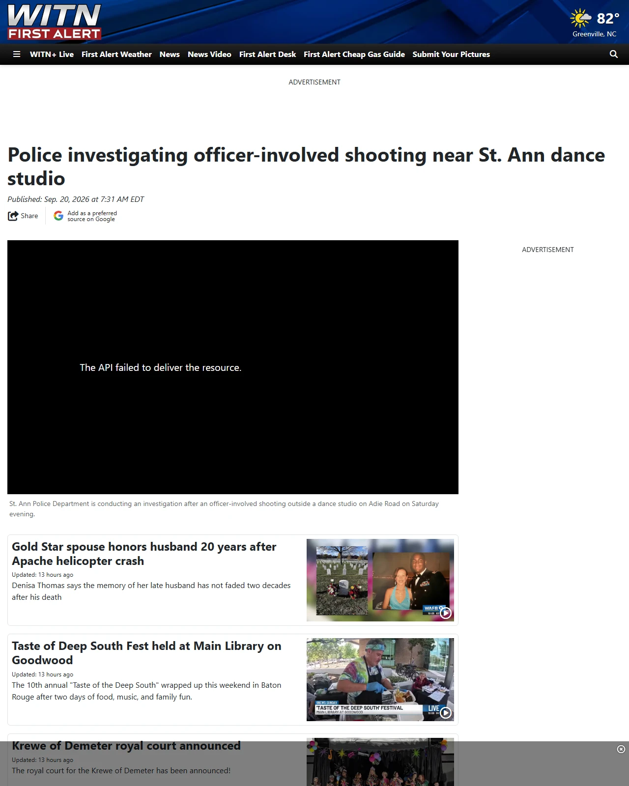 witn.com as published: Police investigating officer-involved shooting near St. Ann dance studio