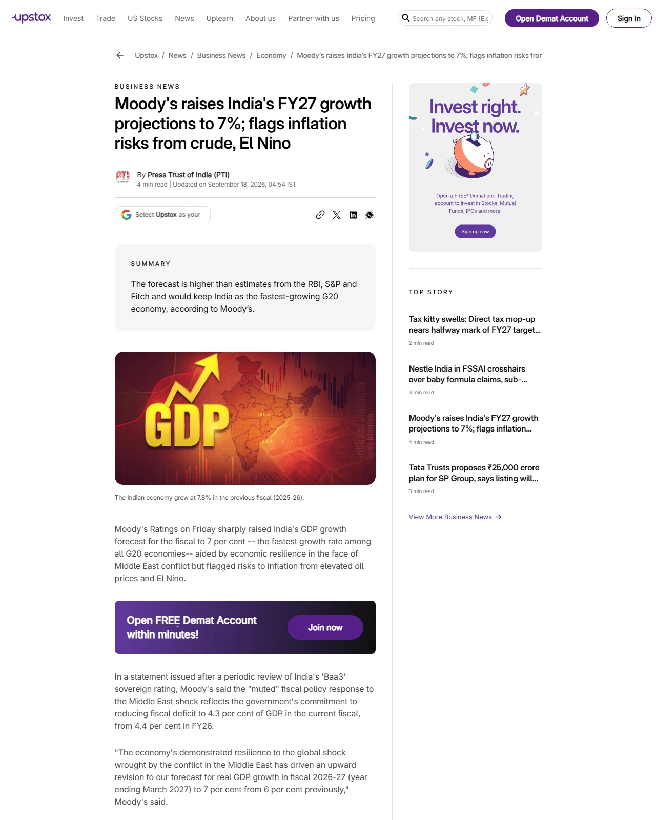 upstox.com as published: Moody's raises India's FY27 growth projections to 7%; flags inflation risks from crude, El Nino