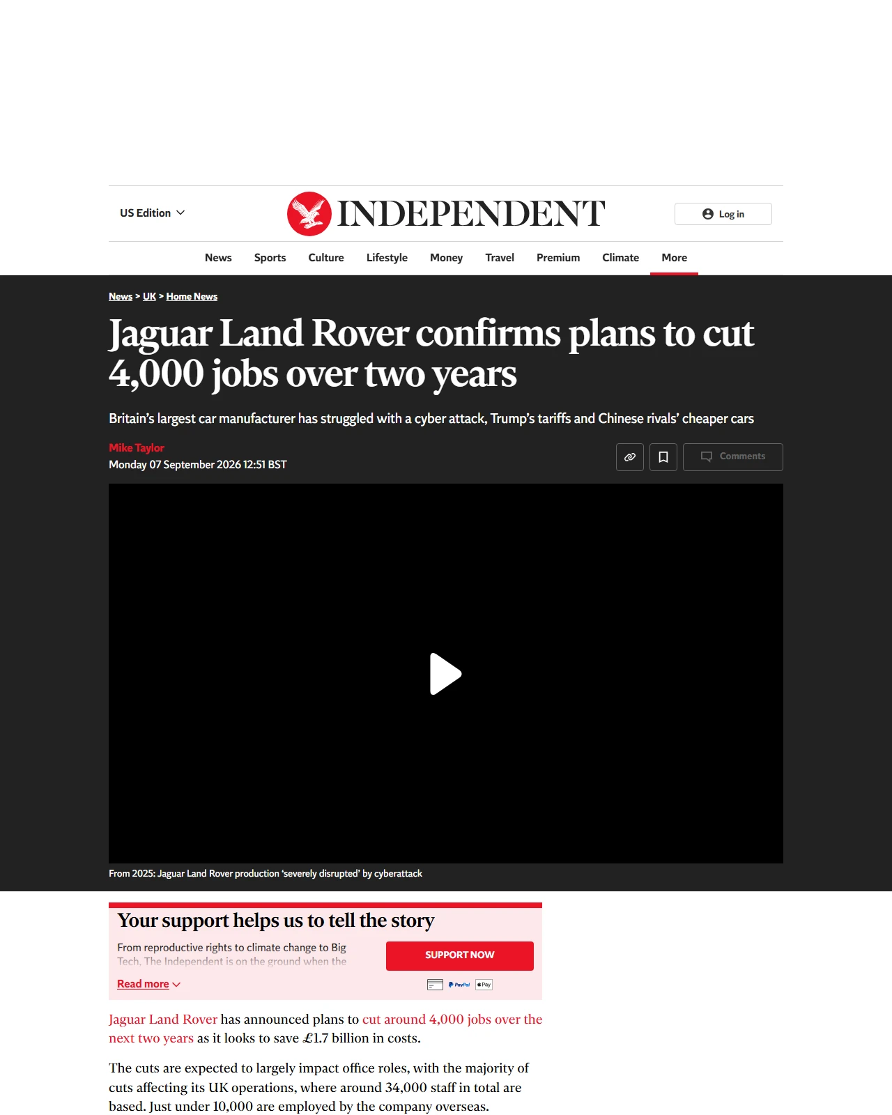 independent.co.uk as published: Jaguar Land Rover confirms plans to cut 4,000 jobs over two years