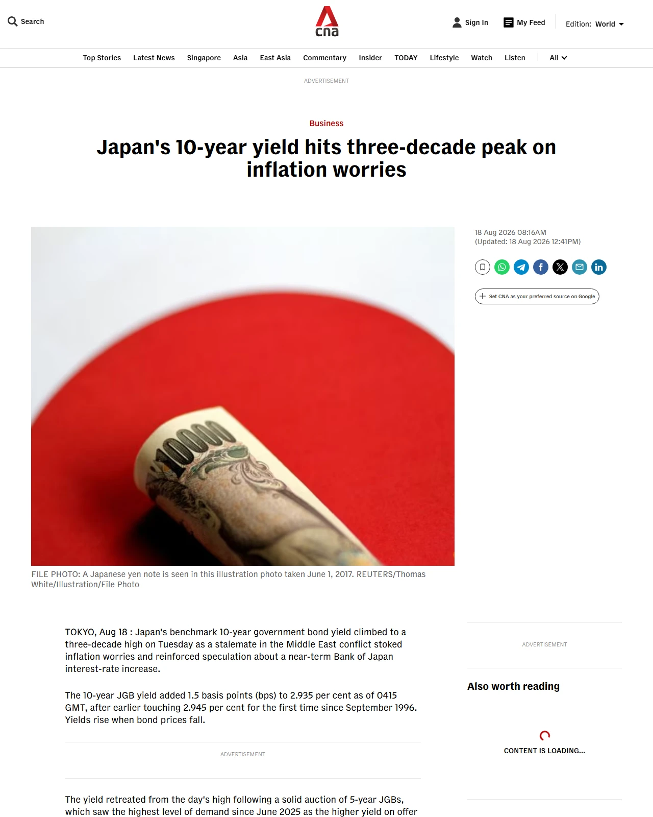 channelnewsasia.com as published: Japan's 10-year yield hits three-decade peak on inflation worries