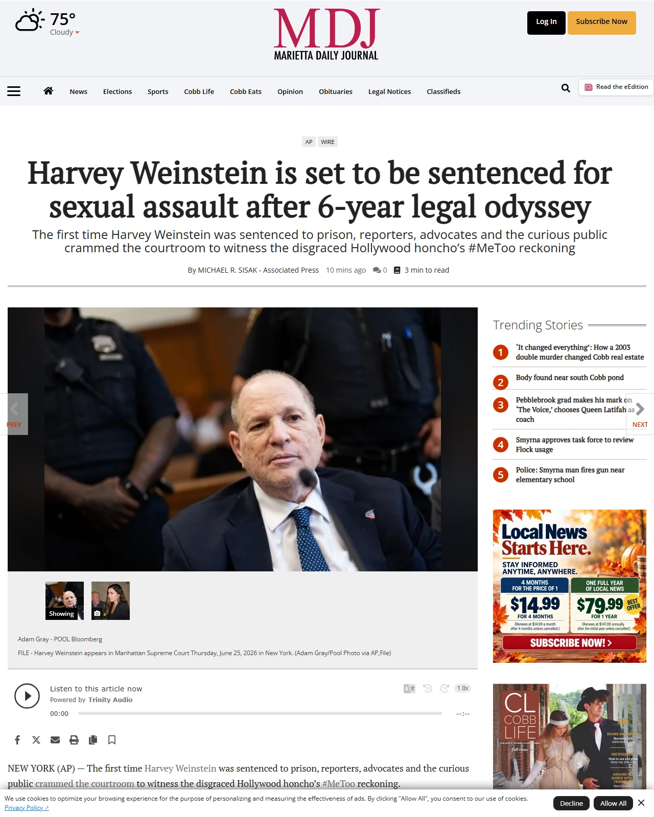 mdjonline.com as published: Harvey Weinstein is set to be sentenced for sexual assault after 6-year legal odyssey