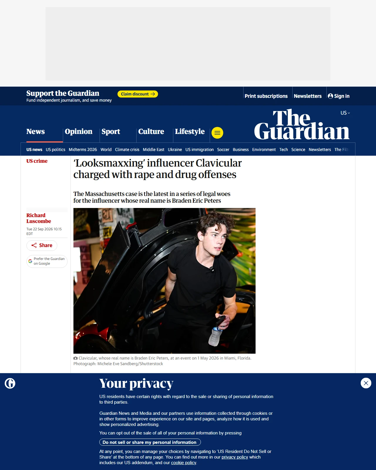 theguardian.com as published: ‘Looksmaxxing’ influencer Clavicular charged with rape and drug offenses