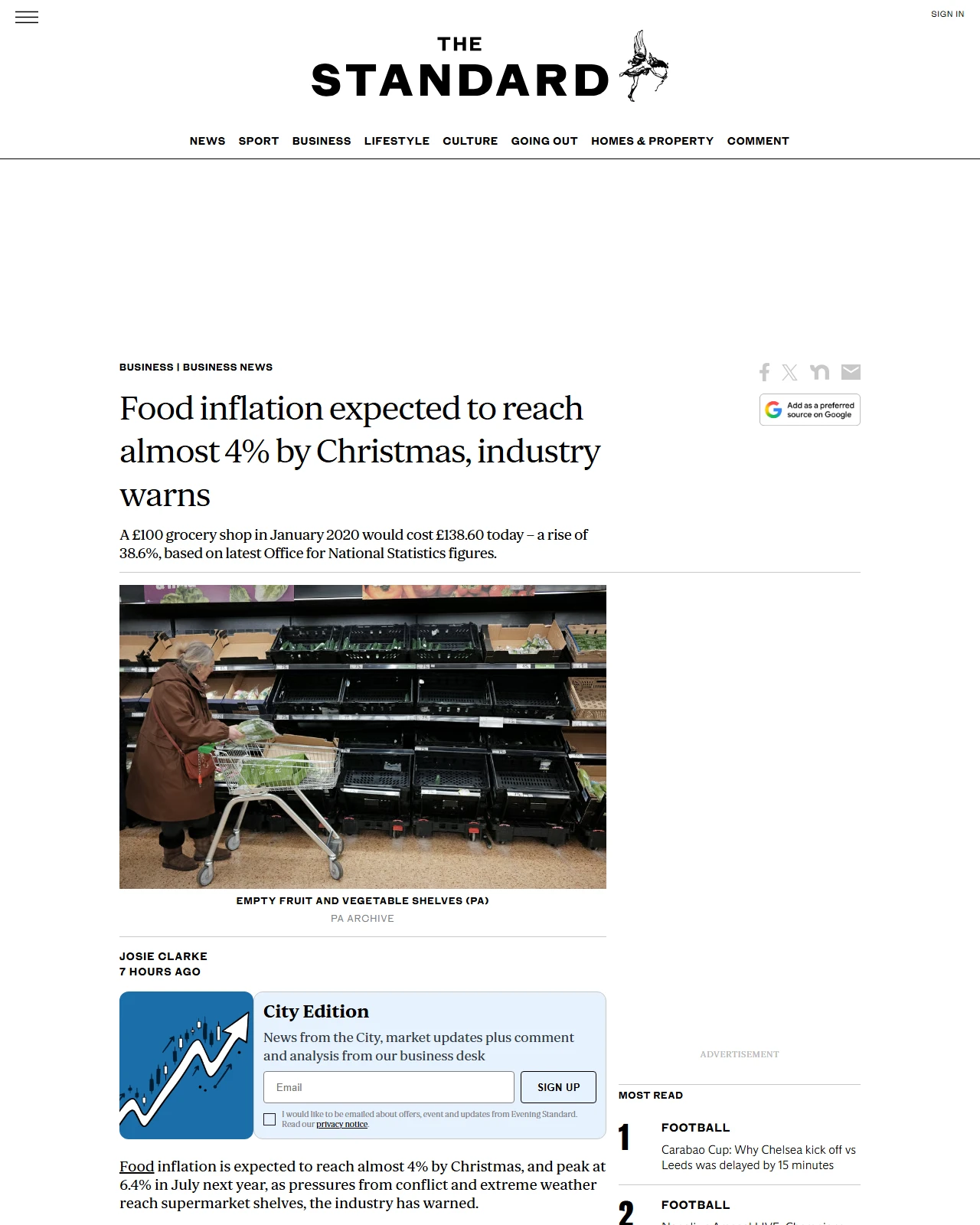 standard.co.uk as published: Food inflation expected to reach almost 4% by Christmas, industry warns
