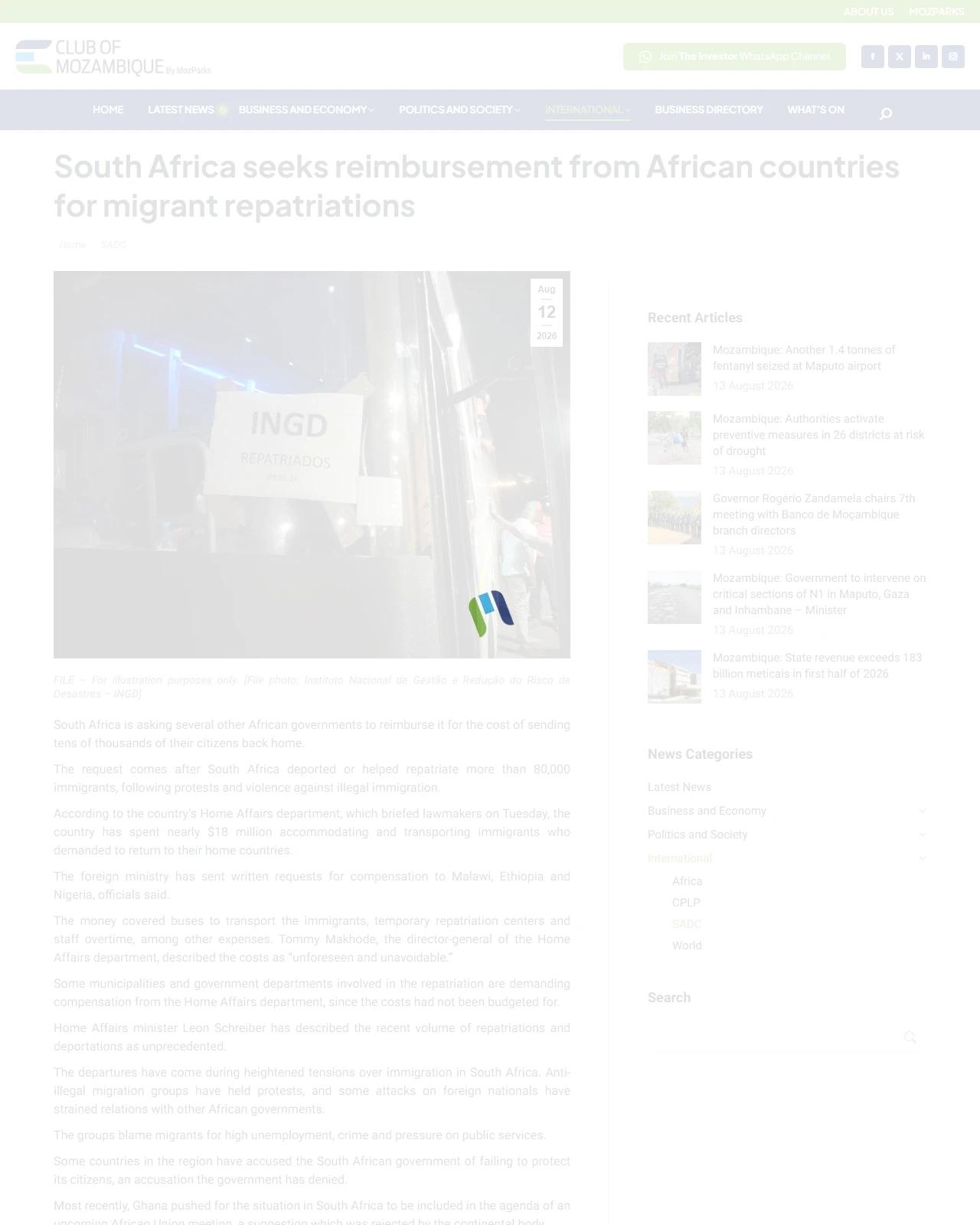clubofmozambique.com as published: South Africa seeks reimbursement from African countries for migrant repatriations