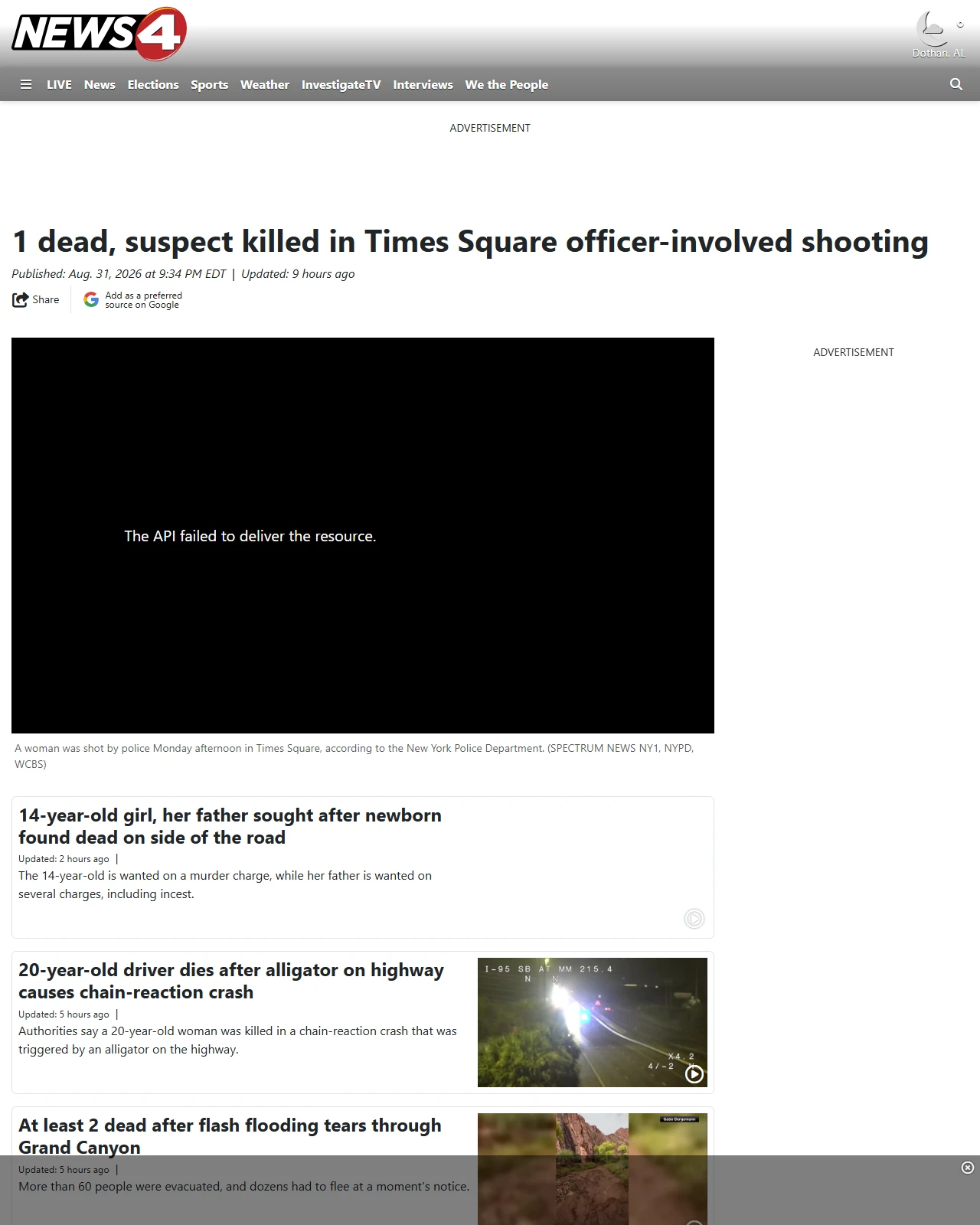 wtvy.com as published: 1 dead, suspect killed in Times Square officer-involved shooting