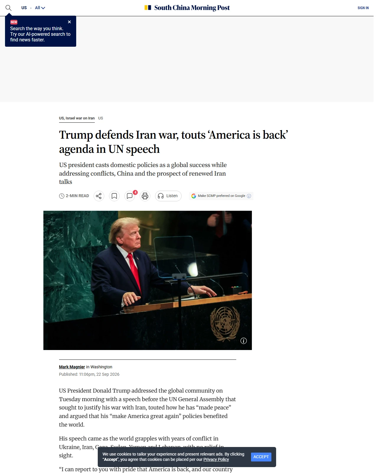 scmp.com as published: Trump defends Iran war, touts ‘America is back’ agenda in UN speech