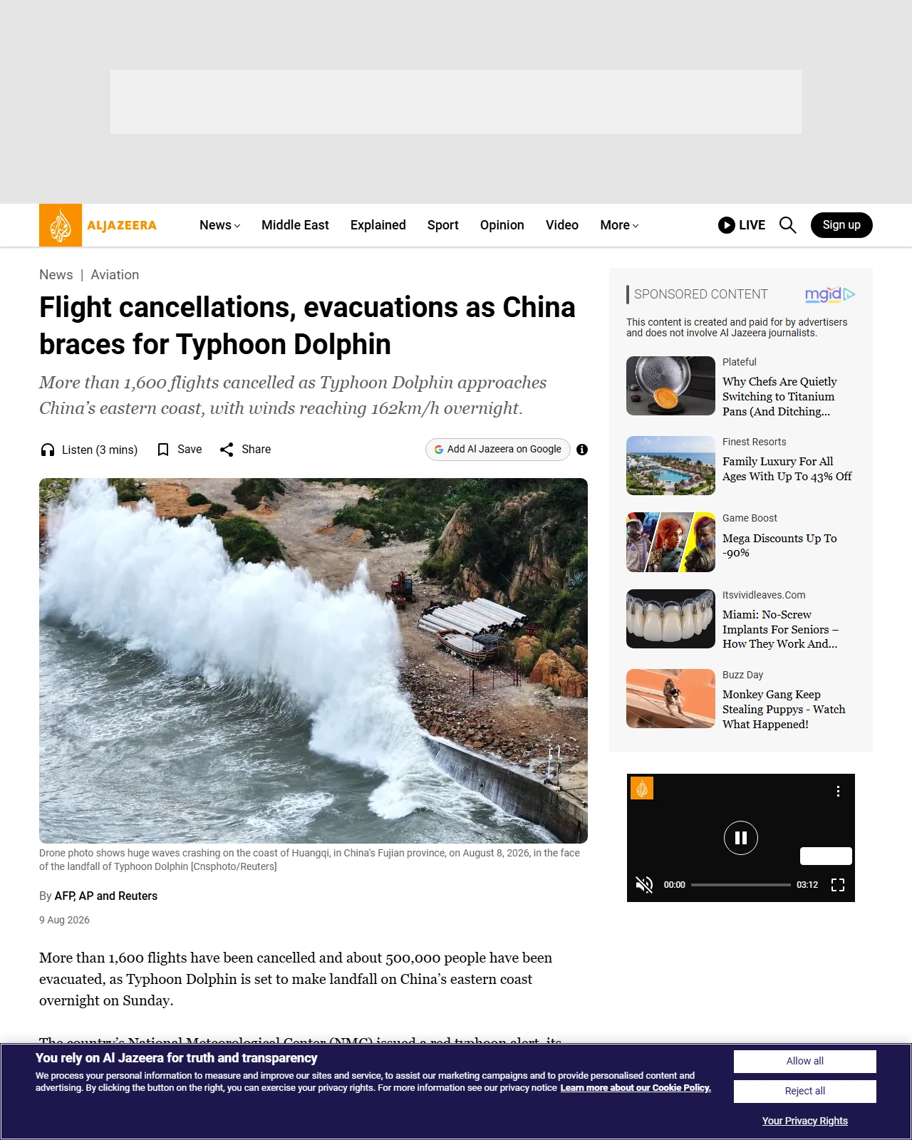 aljazeera.com as published: Flight cancellations, evacuations as China braces for Typhoon Dolphin