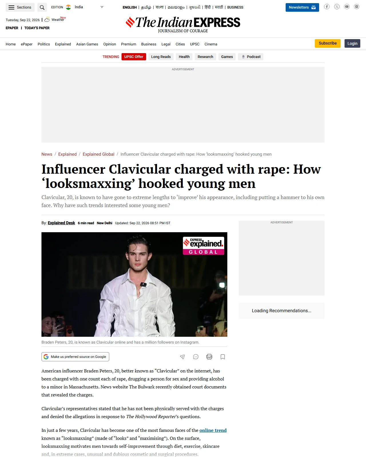 indianexpress.com as published: Influencer Clavicular charged with rape: How ‘looksmaxxing’ hooked young men