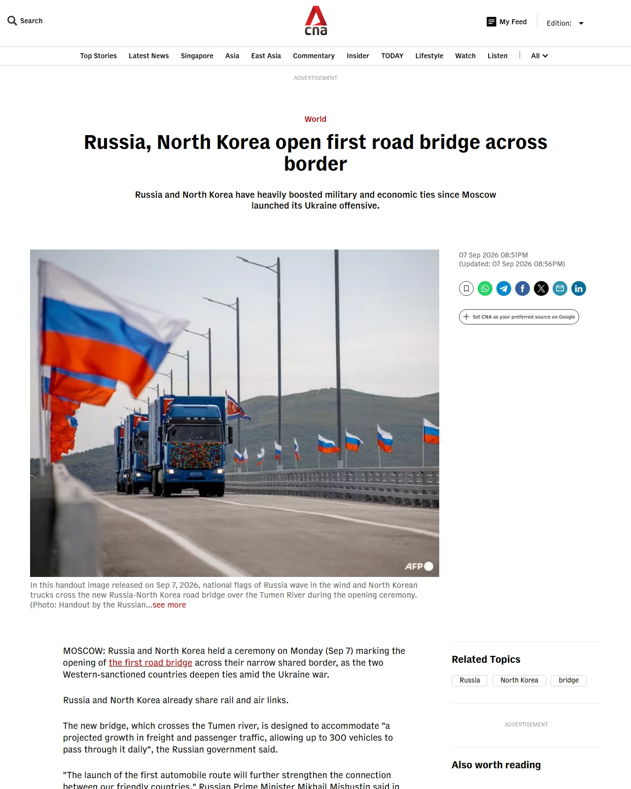 channelnewsasia.com as published: Russia, North Korea open first road bridge across border