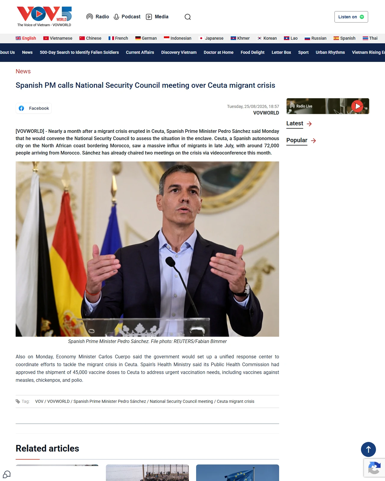 vovworld.vn as published: Spanish PM calls National Security Council meeting over Ceuta migrant crisis