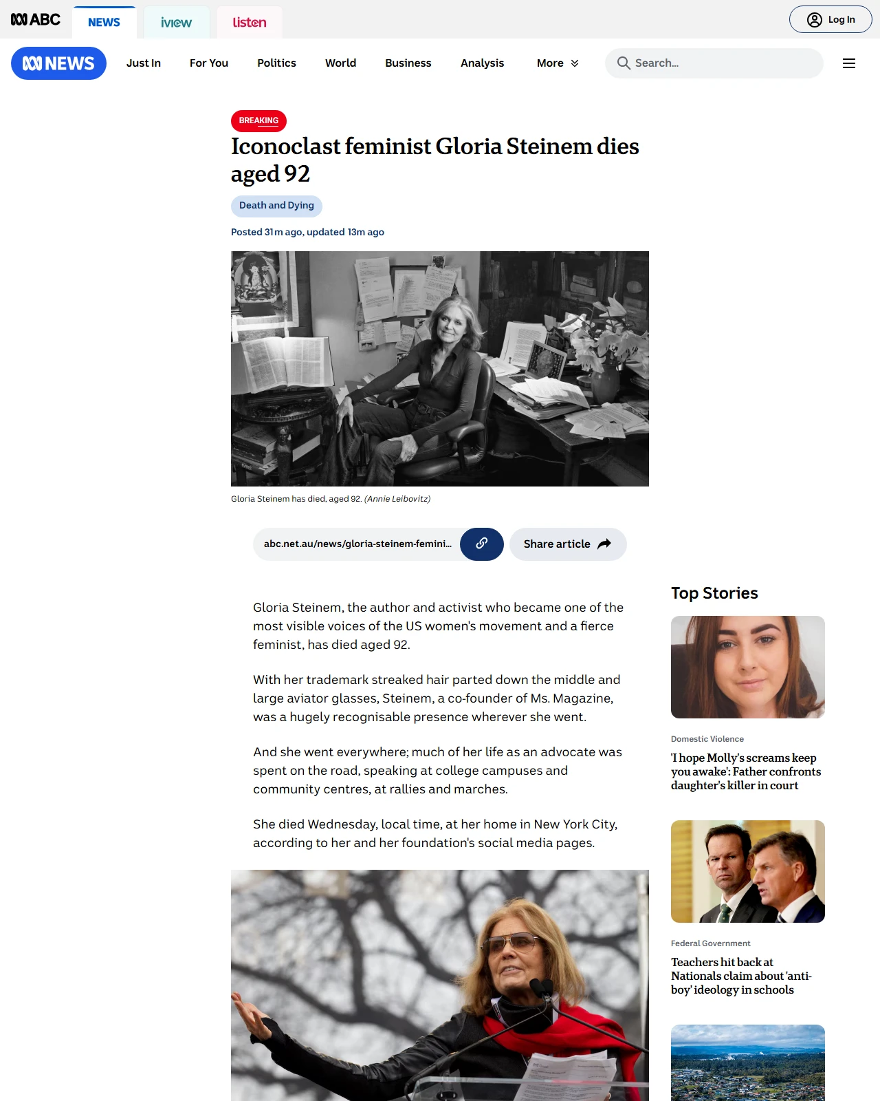 abc.net.au as published: Breaking: Iconoclast feminist Gloria Steinem dies aged 92