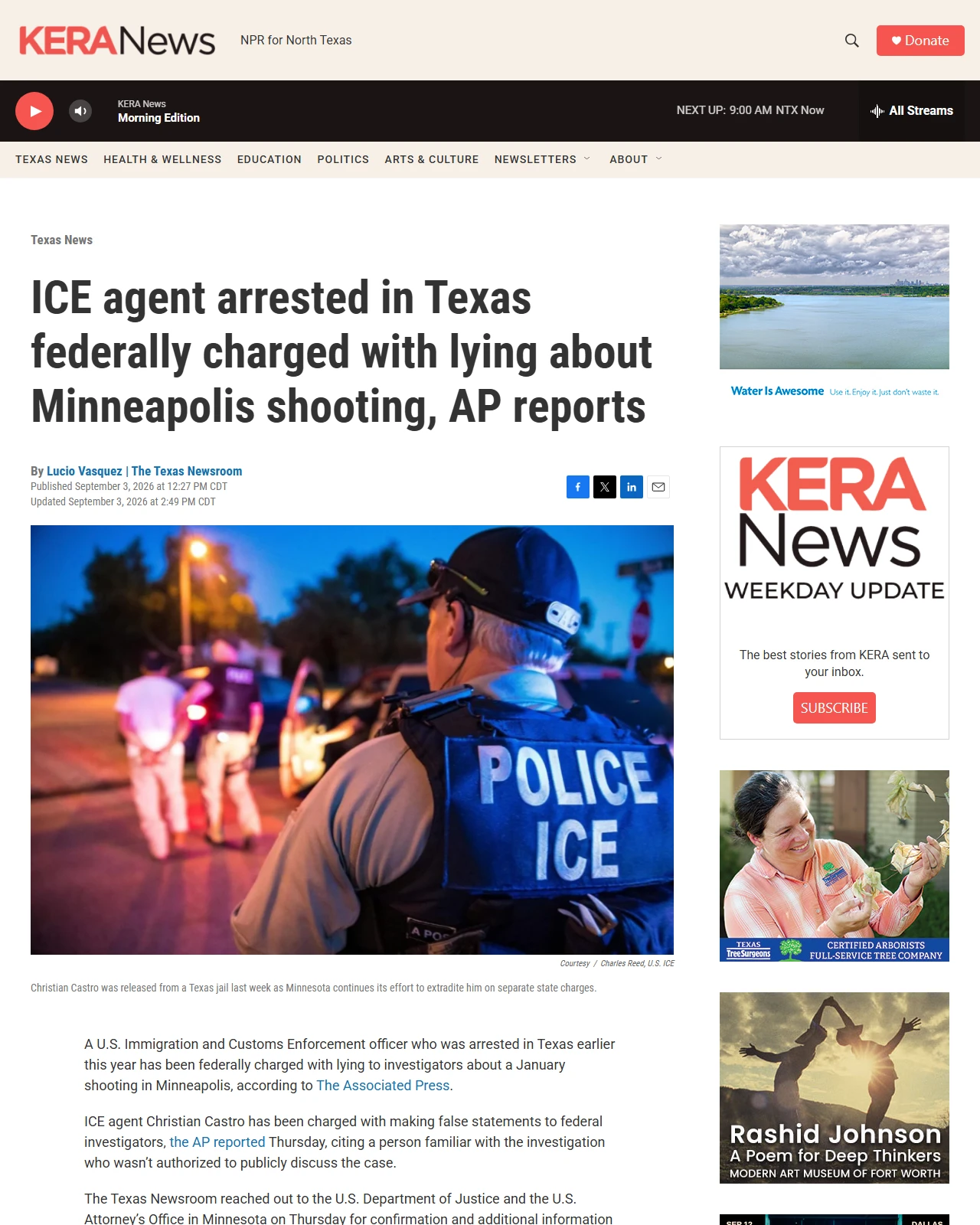 keranews.org as published: ICE agent arrested in Texas federally charged with lying about Minneapolis shooting, AP reports