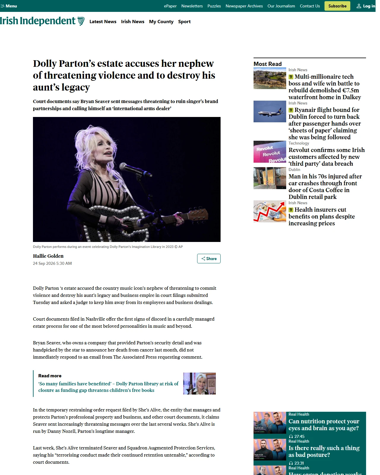 independent.ie as published: Dolly Parton’s estate accuses her nephew of threatening violence and to destroy his aunt’s legacy