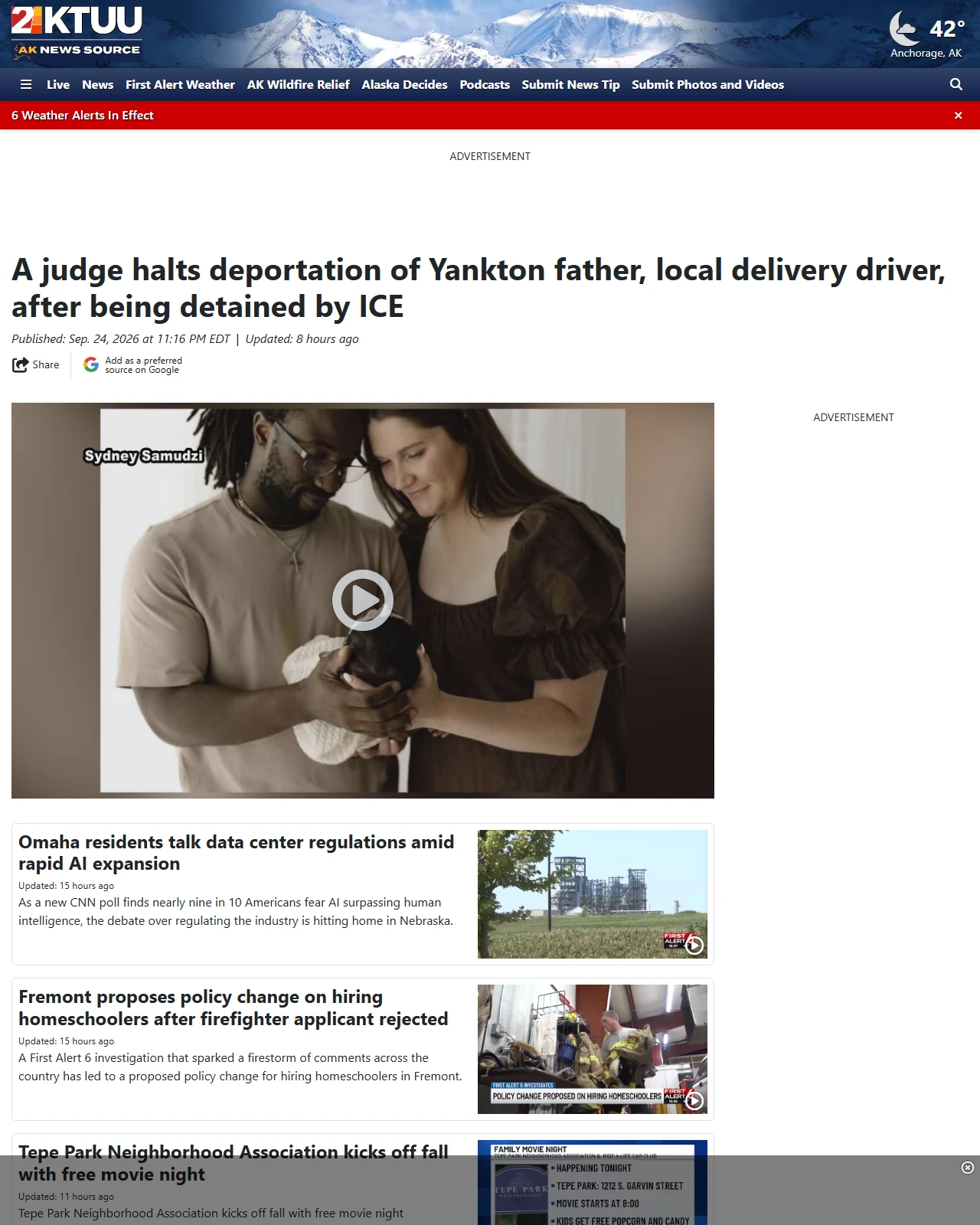 alaskasnewssource.com as published: A judge halts deportation of Yankton father, local delivery driver, after being detained by ICE