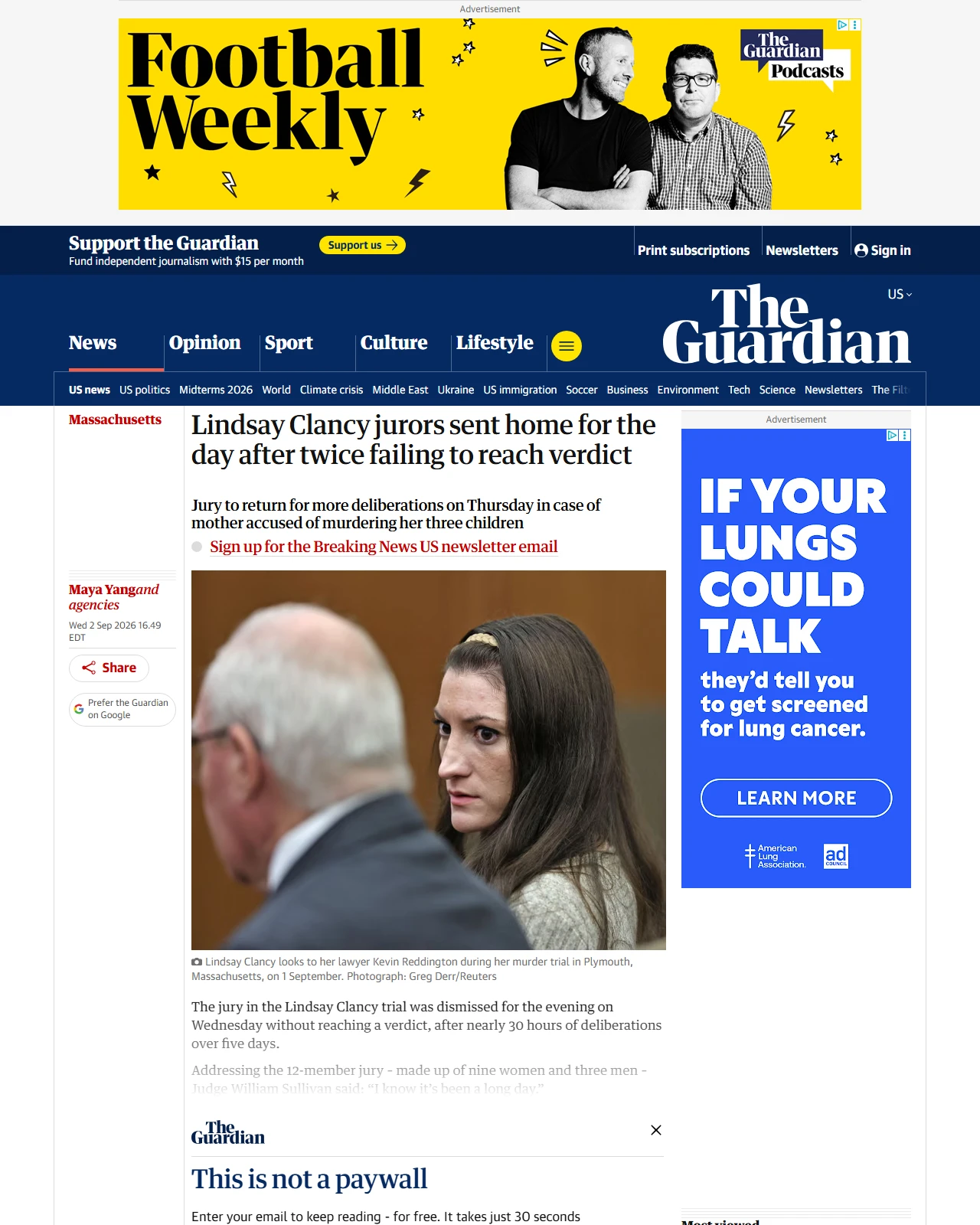 theguardian.com as published: Lindsay Clancy jurors sent home for the day after twice failing to reach verdict