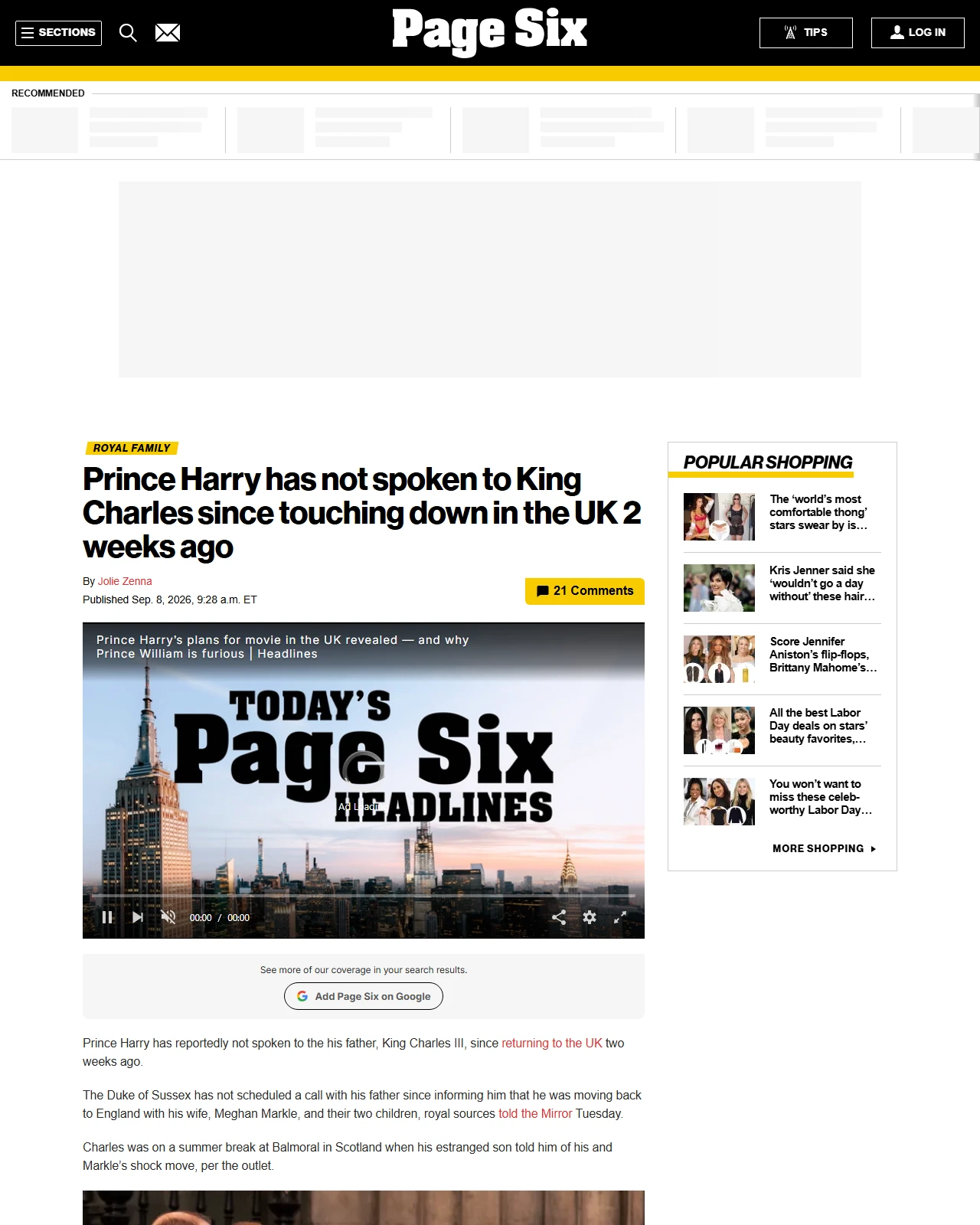 pagesix.com as published: Prince Harry has not spoken to King Charles since touching down in the UK 2 weeks ago