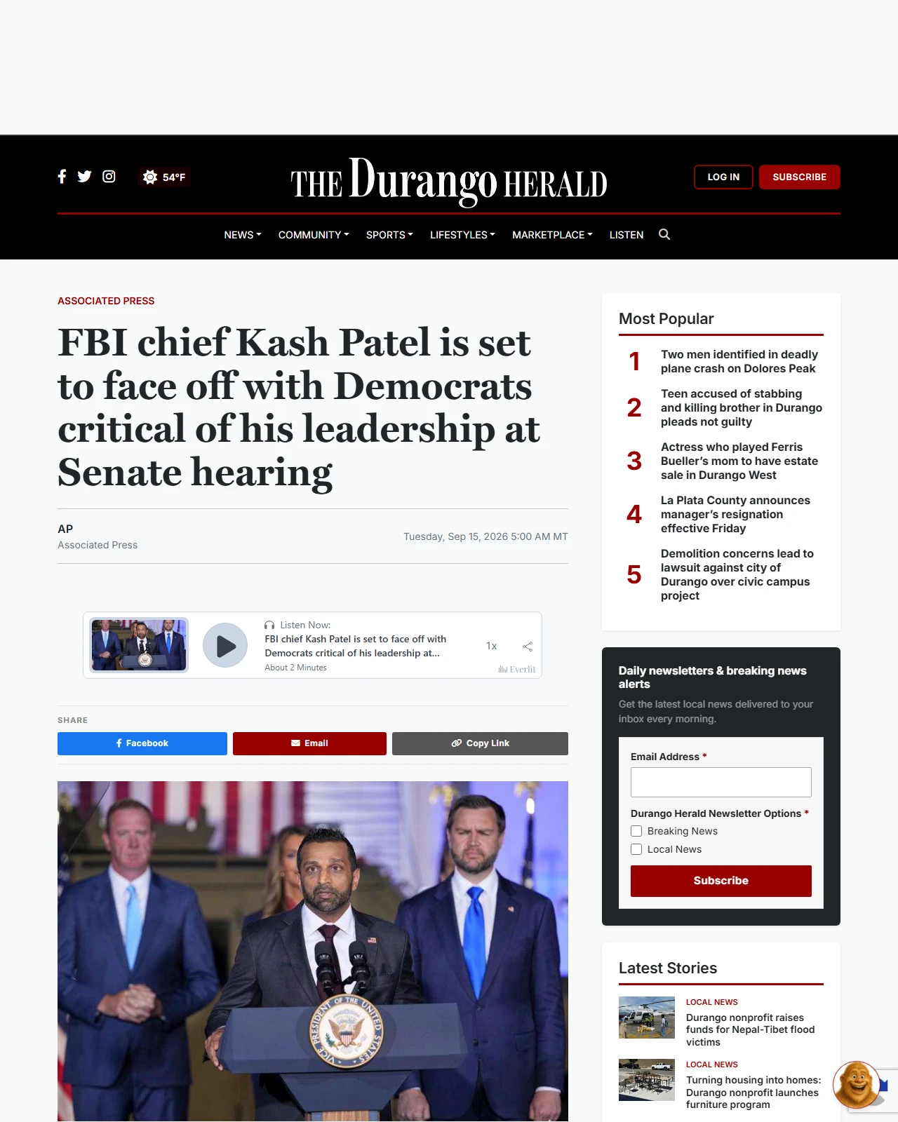 durangoherald.com as published: FBI chief Kash Patel is set to face off with Democrats critical of his leadership at Senate hearing