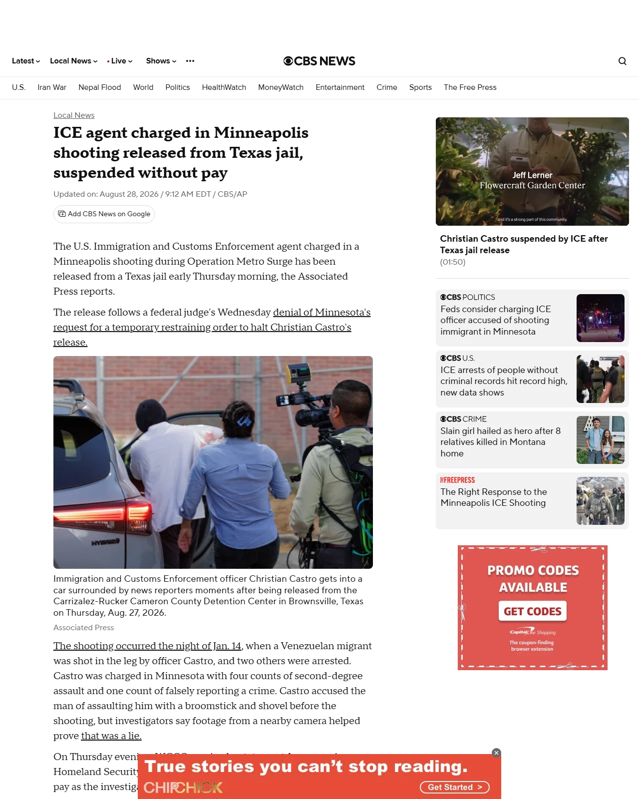 cbsnews.com as published: ICE officer charged in Minneapolis shooting released from Texas jail, AP reports
