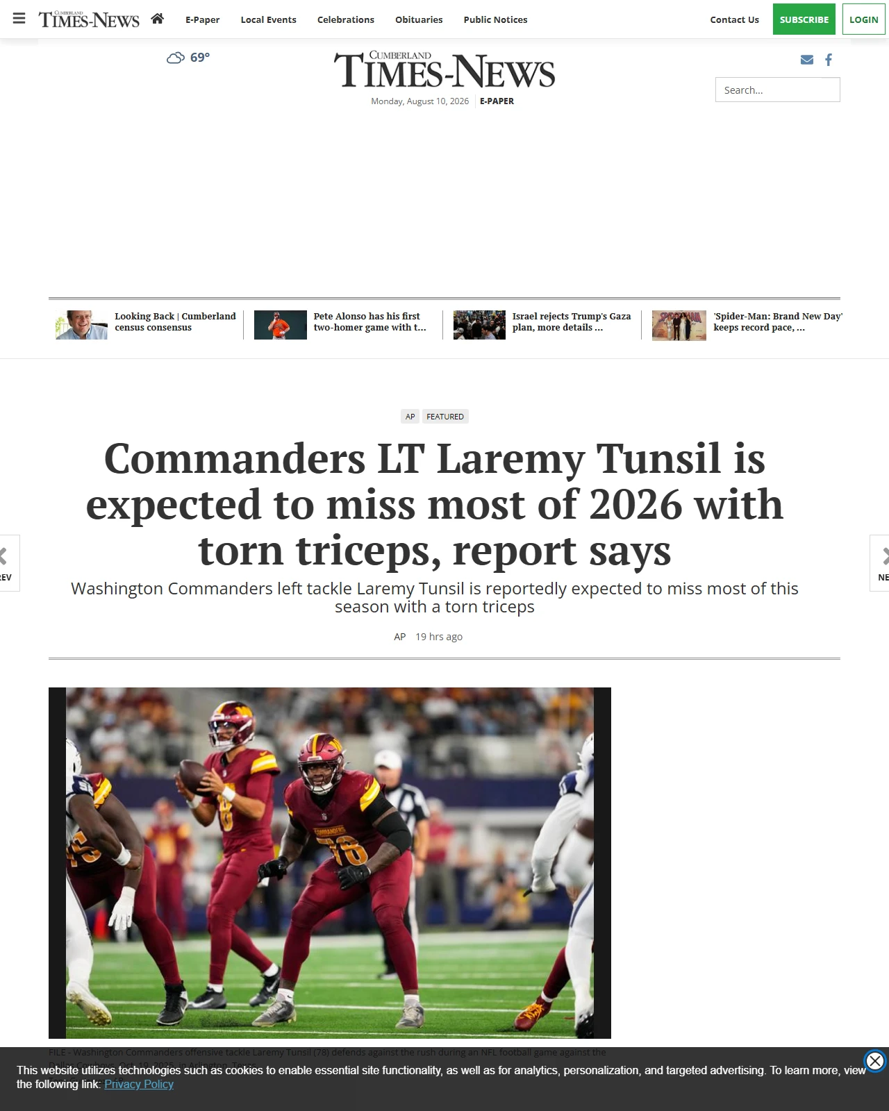times-news.com as published: Commanders LT Laremy Tunsil is expected to miss most of 2026 with torn triceps, report says - The Cumberland Times-News