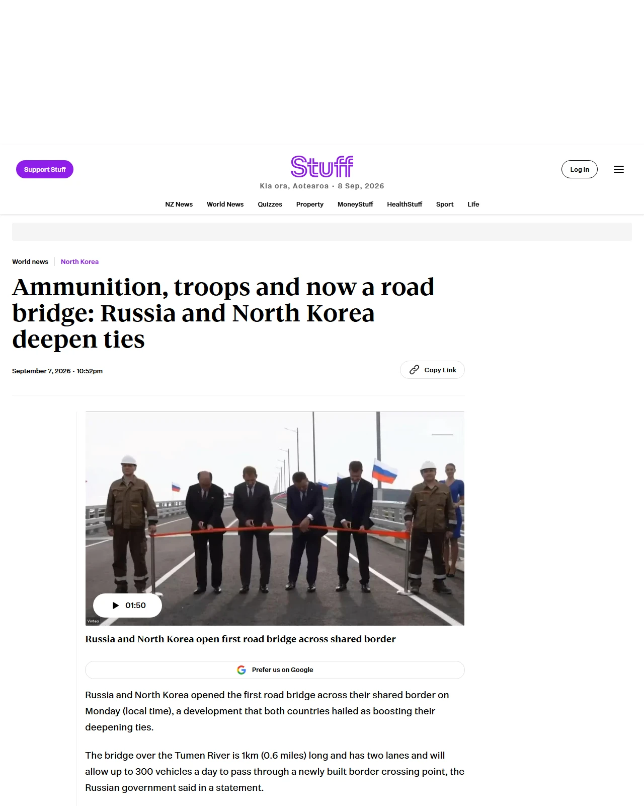 stuff.co.nz as published: Ammunition, troops and now a road bridge: Russia and North Korea deepen ties