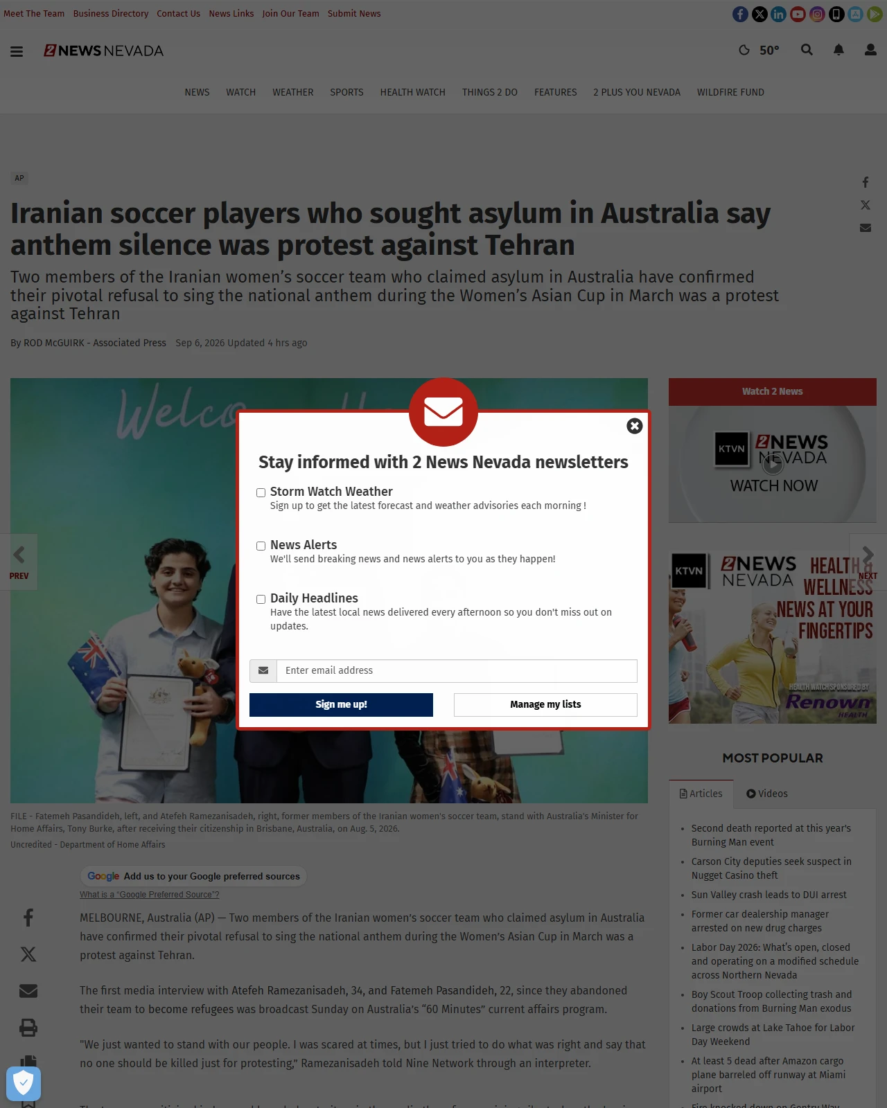 ktvn.com as published: Iranian soccer players who sought asylum in Australia say anthem silence was protest against Tehran