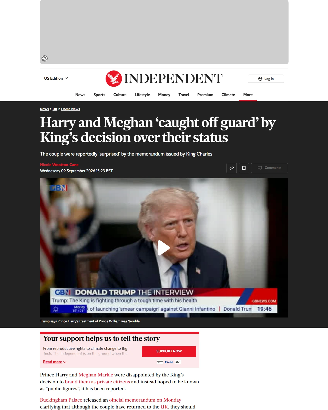 independent.co.uk as published: Harry and Meghan ‘caught off guard’ by King’s decision over their status