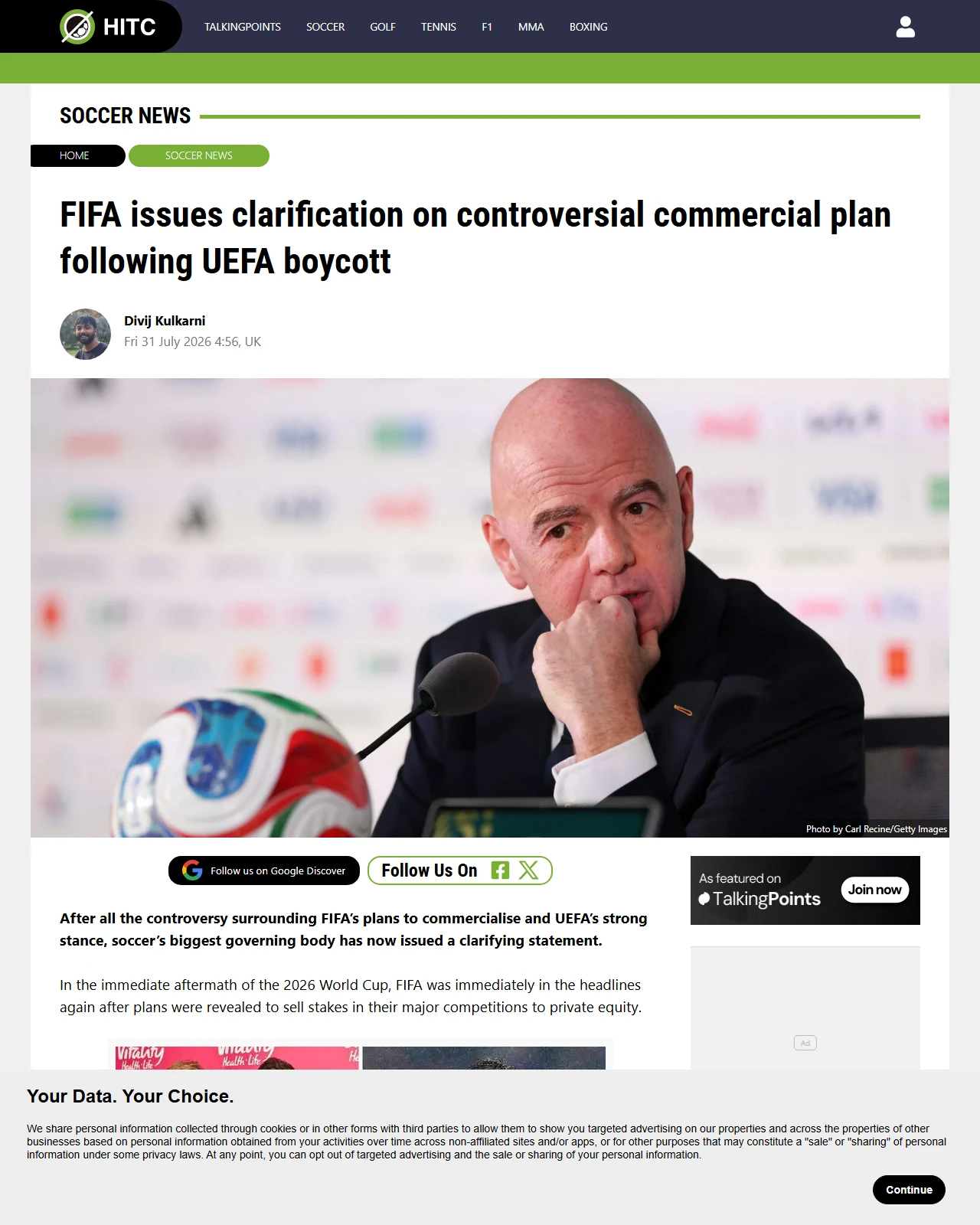 hitc.com as published: FIFA issues clarification on controversial commercial plan following UEFA boycott